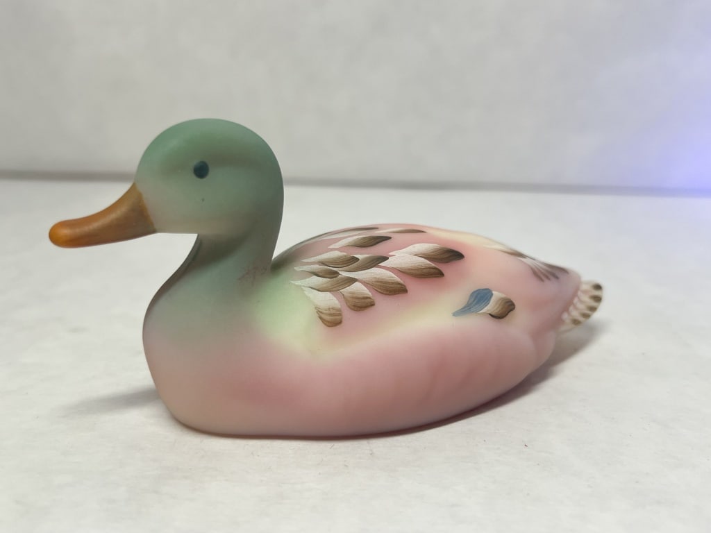 FENTON BURMESE GLASS MALLARD DUCK, C.1990 (1 of 7)