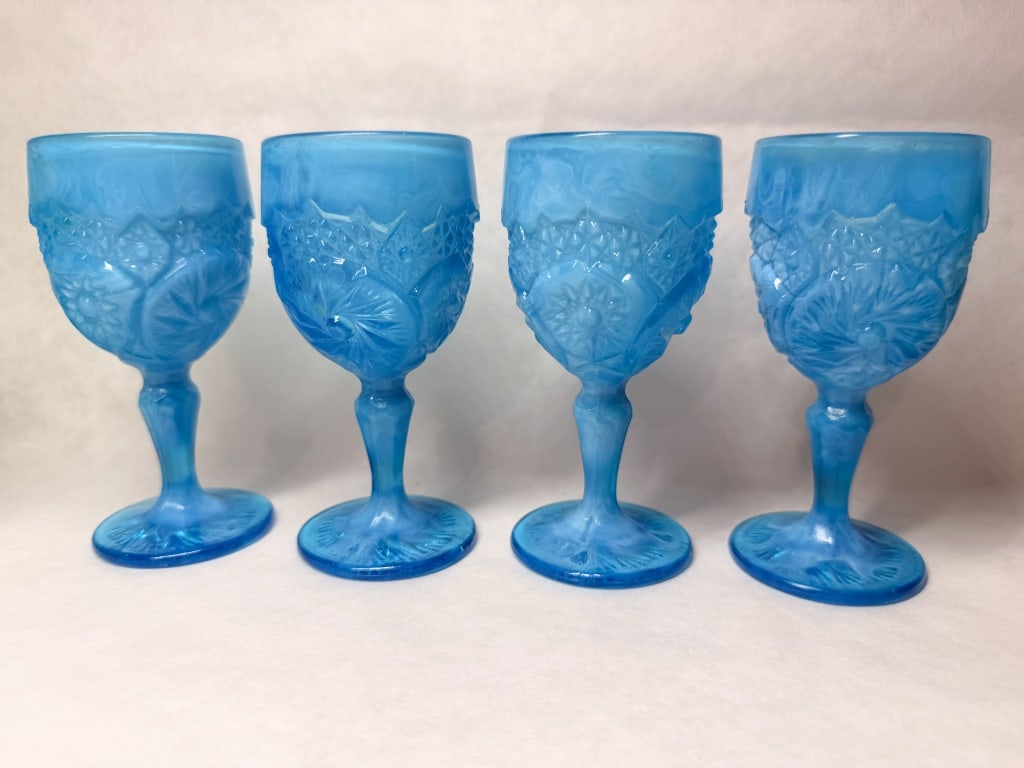 BOYD BLUE SLAG GLASS GOBLETS: Height: 4 - 5 inches.