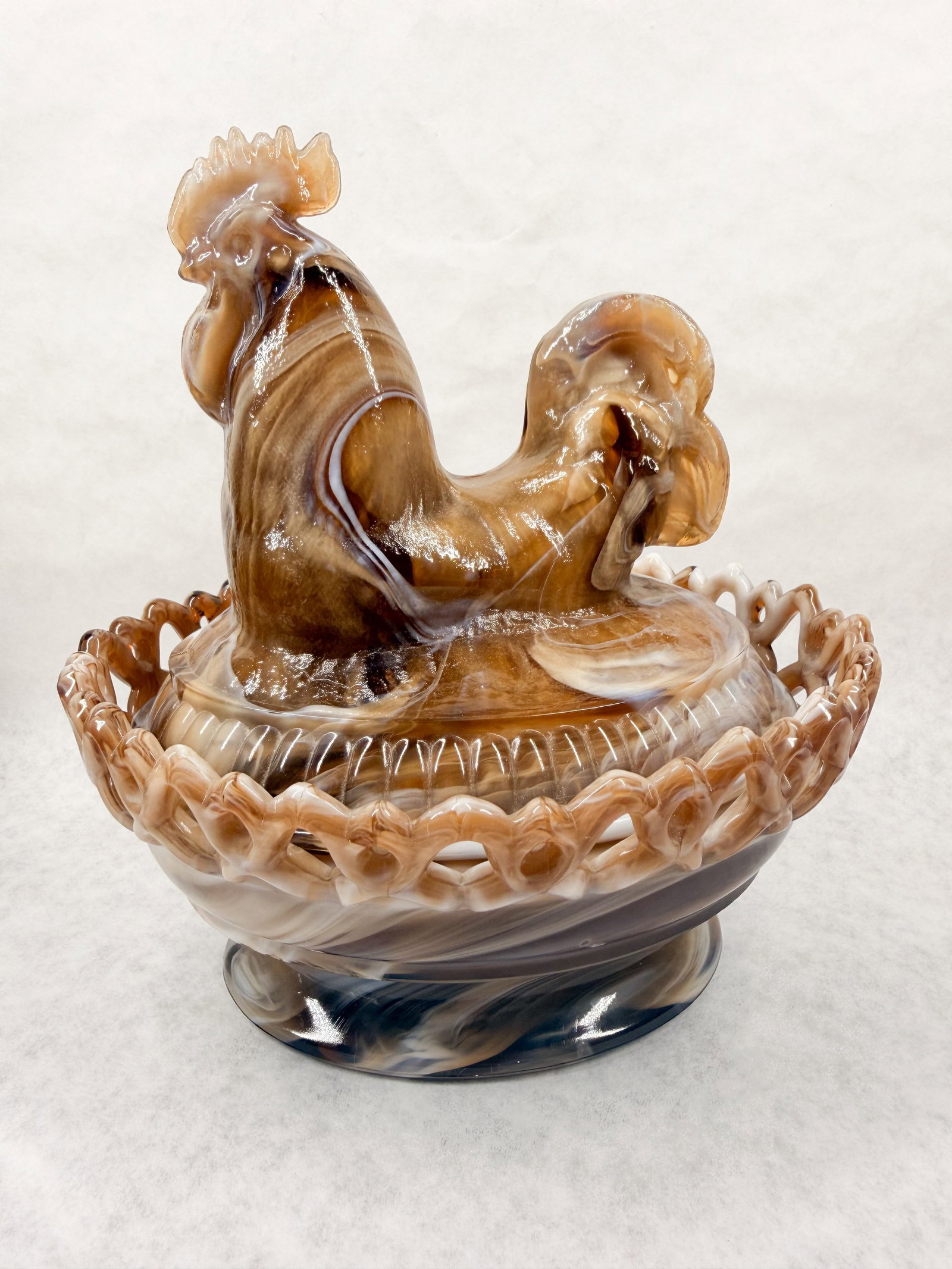 IMPERIAL CARAMEL SLAG GLASS ROOSTER: An Imperial Glass Corporation caramel slag glass assortment featuring a lidded rooster dish.