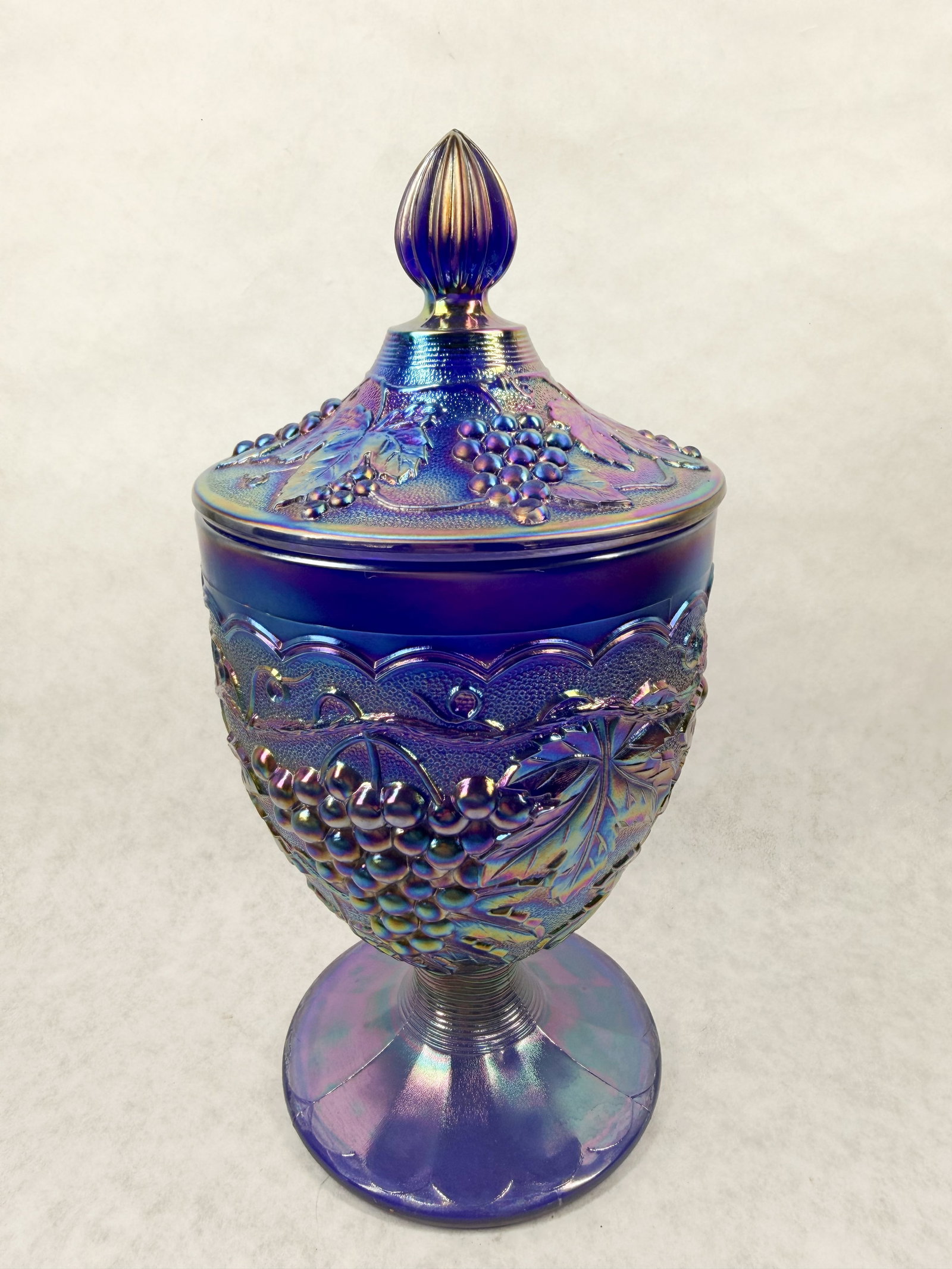 IRIDESCENT BLUE CARNIVAL GLASS COMPOTE, 1970S (1 of 5)