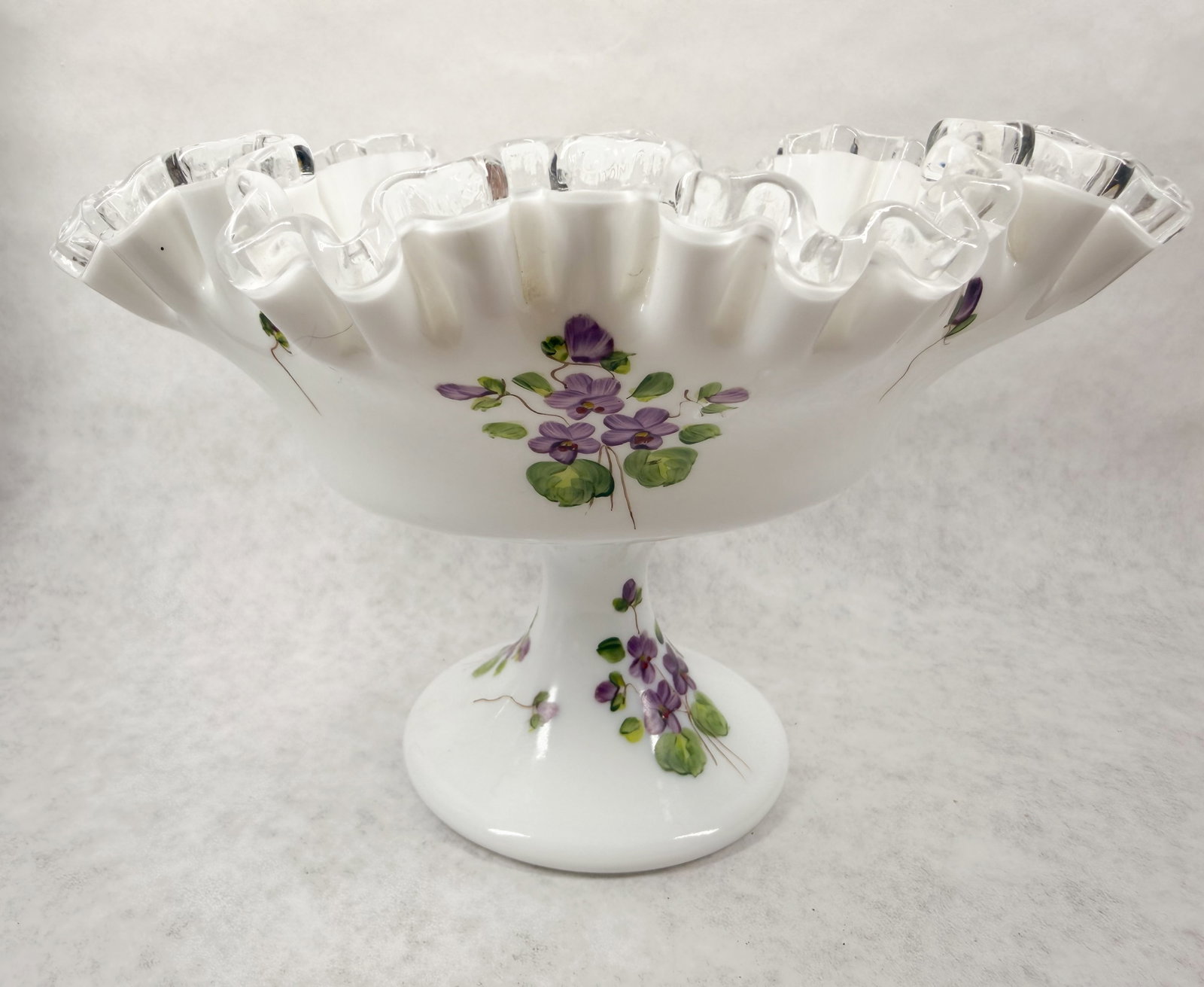 FENTON VIOLETS MILK GLASS COMPOTE, 1970S (1 of 11)