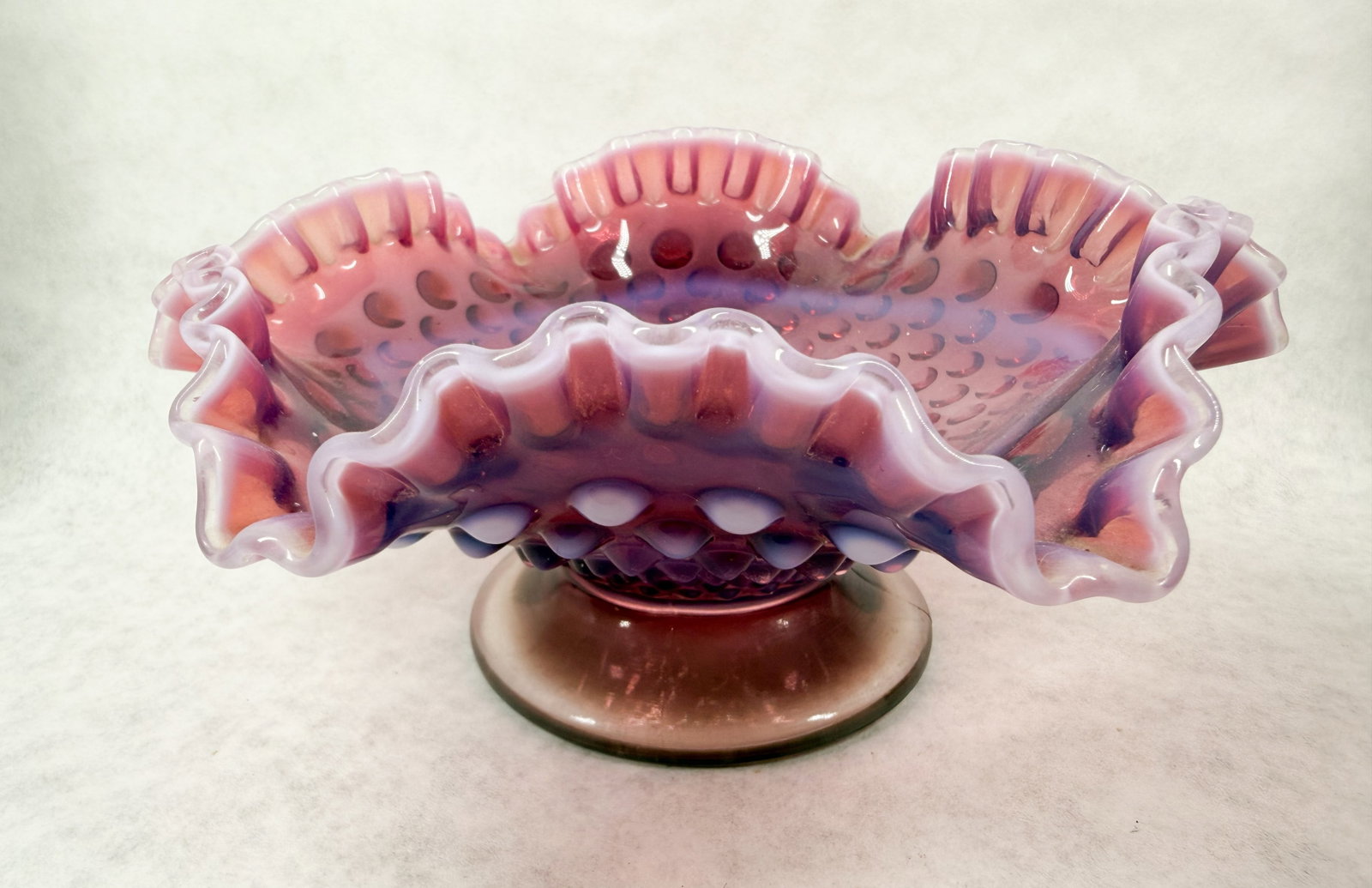 FENTON CRANBERRY OPALESCENT HOBNAIL COMPOTE, 1970S (1 of 8)