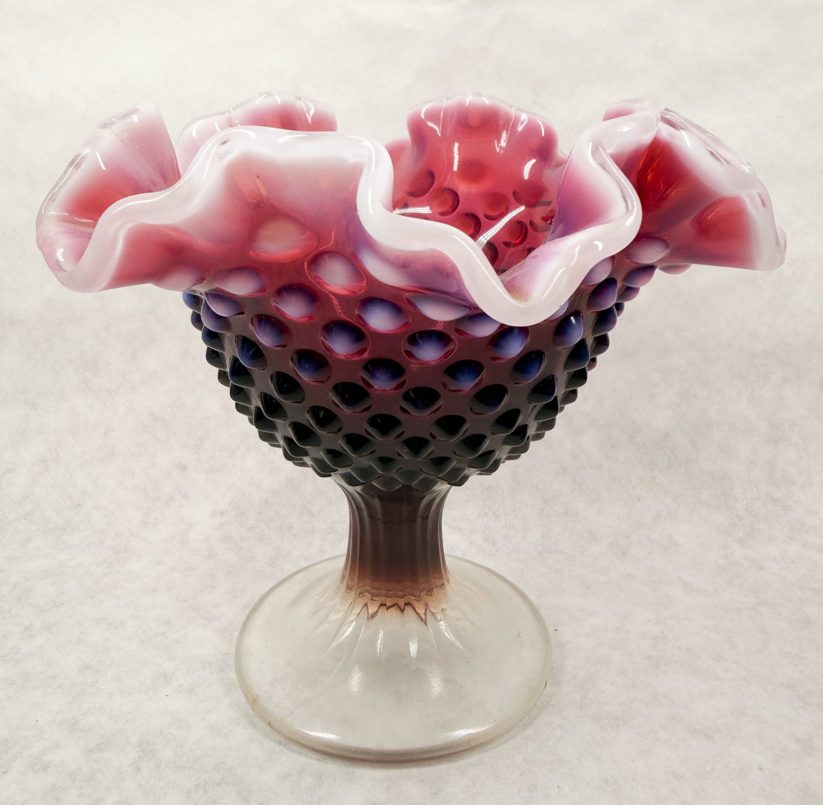 FENTON CRANBERRY OPALESCENT HOBNAIL COMPOTE: .