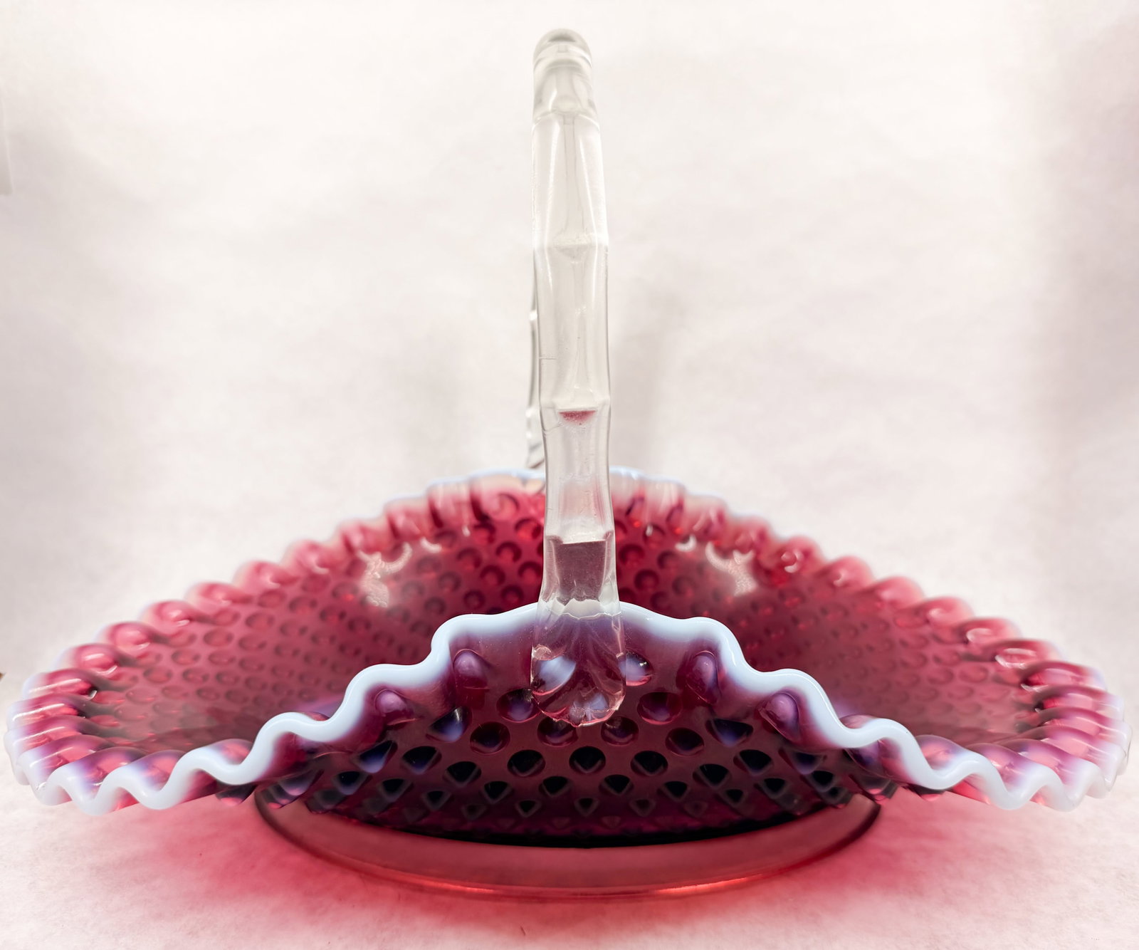 FENTON CRANBERRY OPALESCENT HOBNAIL GLASS BASKET (1 of 10)