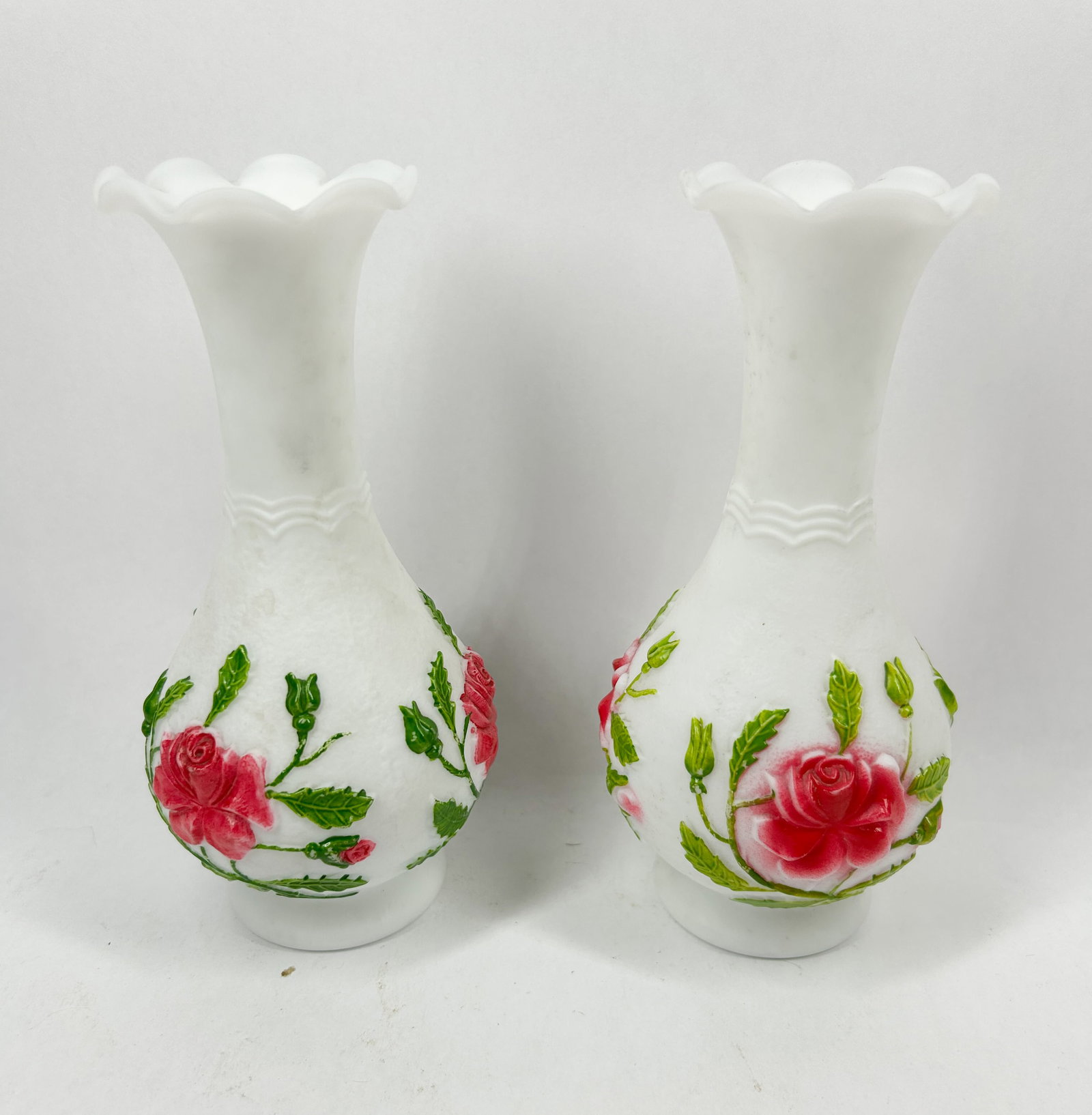 PAIR OF MILK GLASS ROSE VASES (1 of 3)