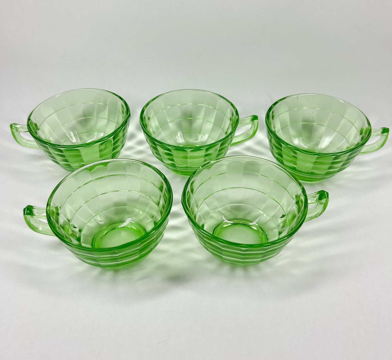 GREEN BLOCK OPTIC GLASS CUPS, C. 1930 (1 of 5)