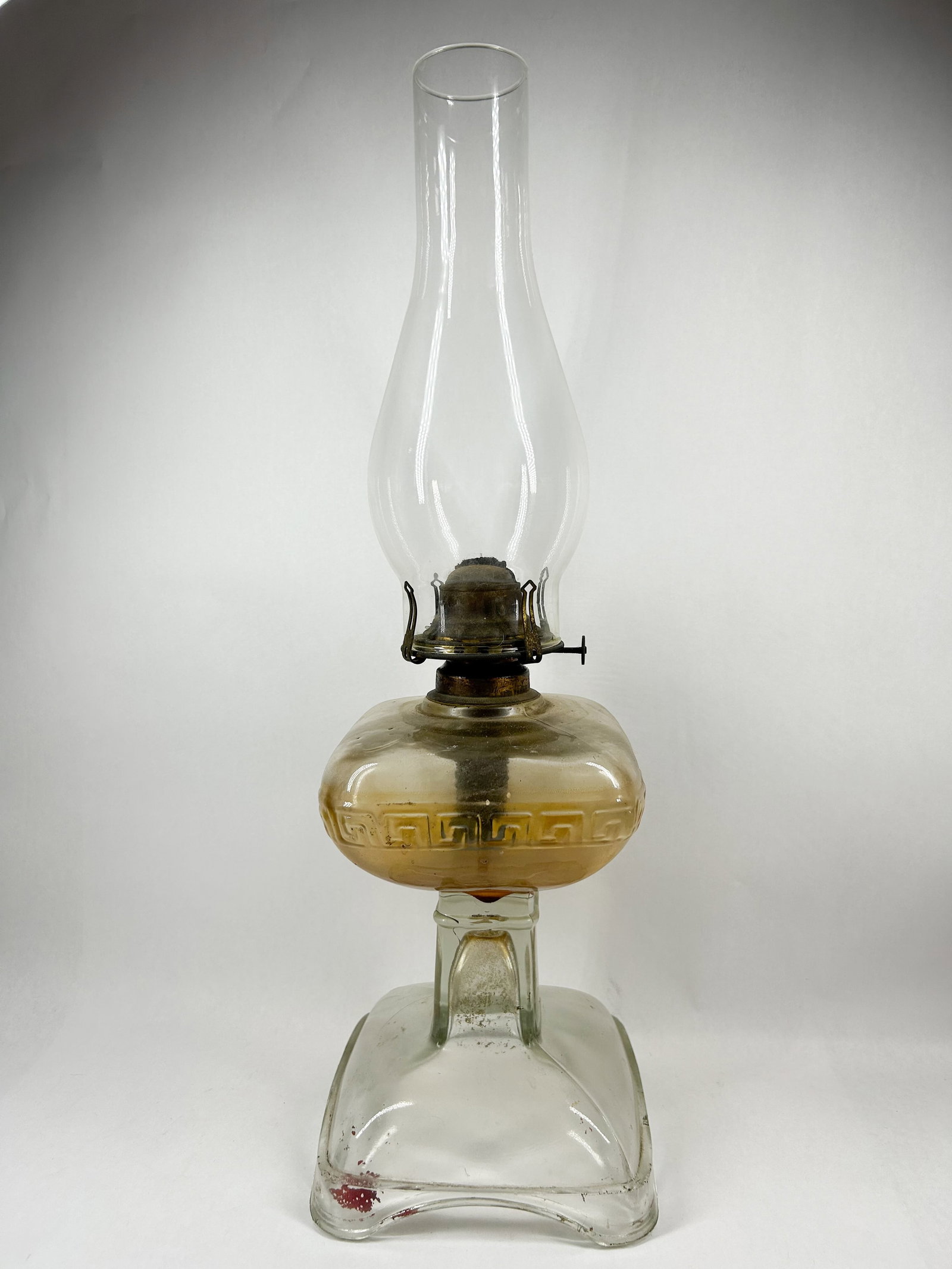 GREEK KEY PRESSED GLASS OIL LAMP, LATE 19TH CENTURY (1 of 2)