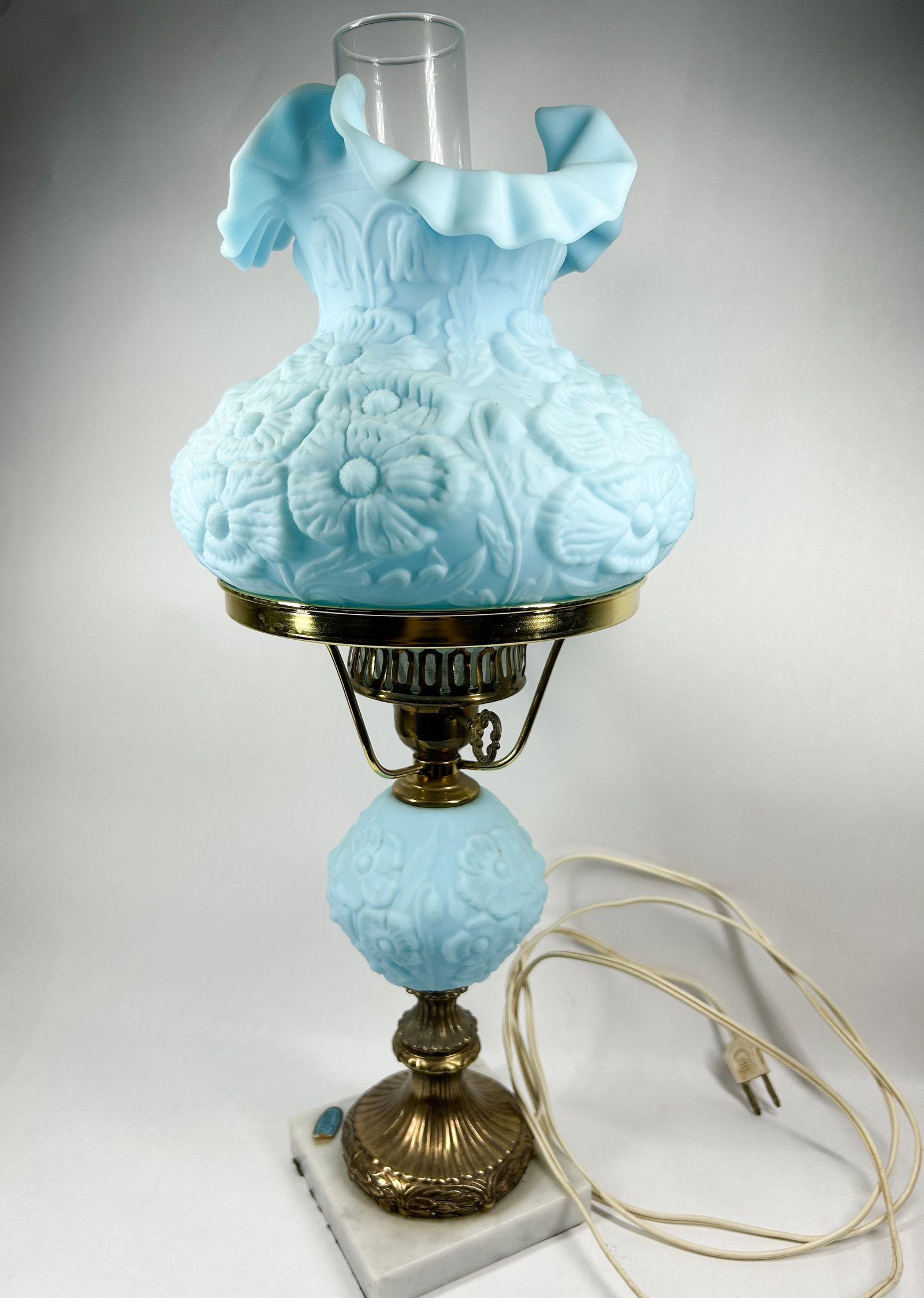 FENTON BLUE SATIN POPPY LAMP MID-20TH CENTURY (1 of 2)