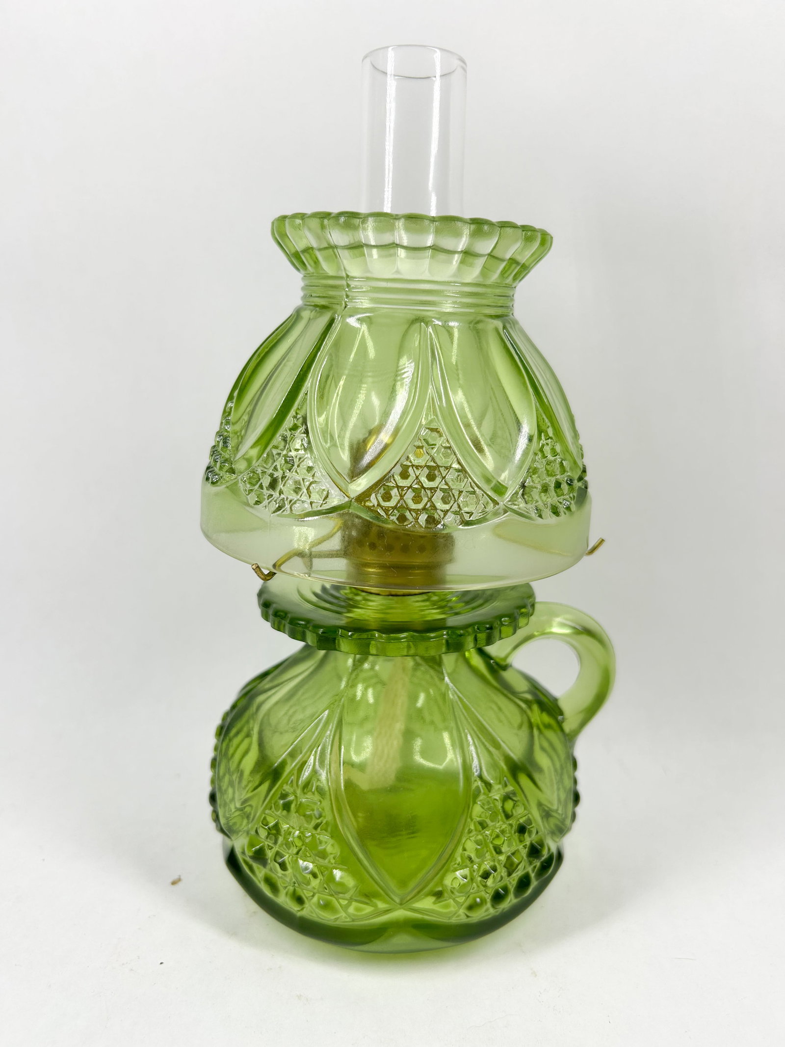 GREEN PRESSED GLASS MINIATURE FINGER LAMP, MID-CENTURY (1 of 3)