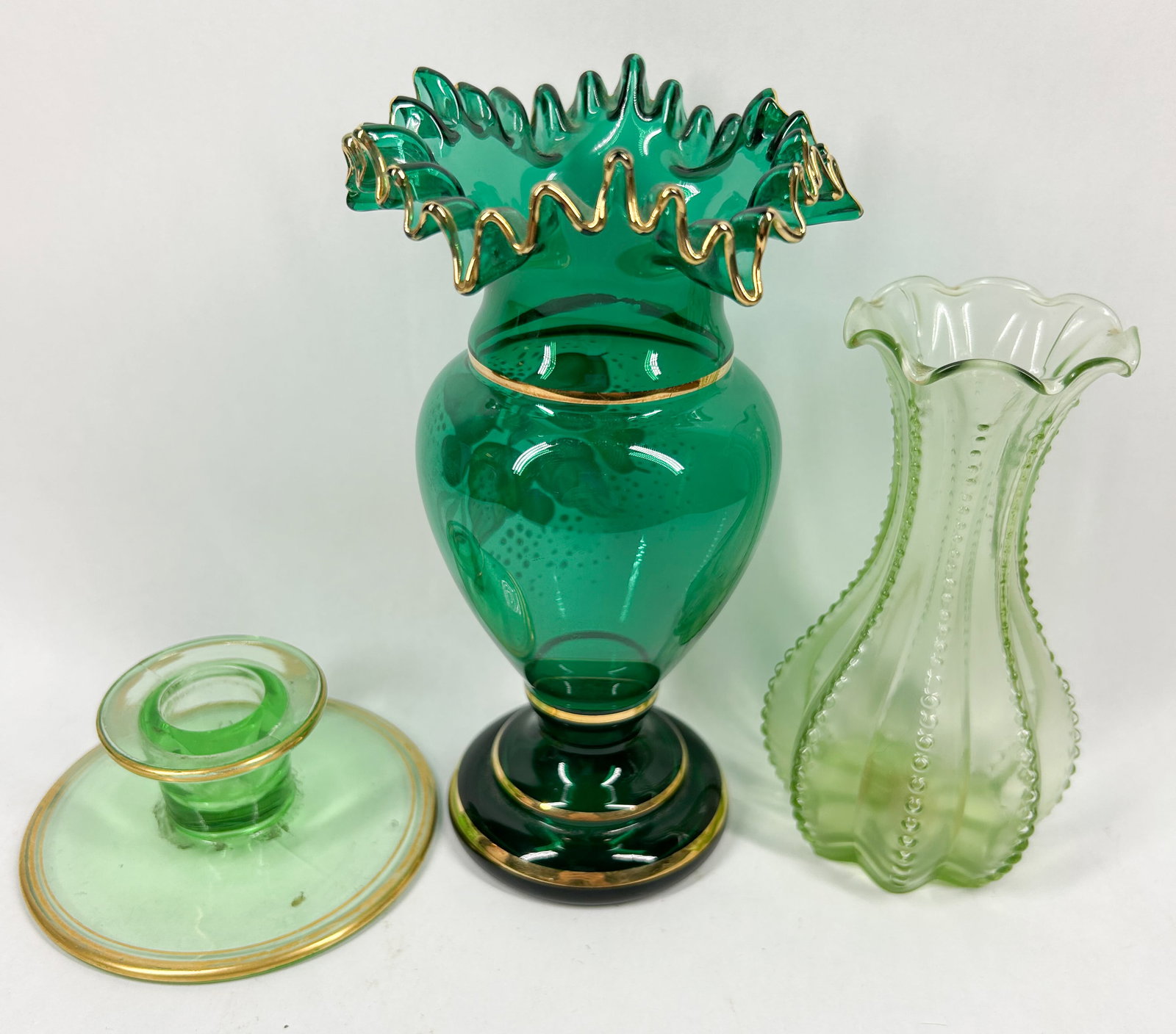 VINTAGE GREEN ART GLASS TRIO (1 of 2)