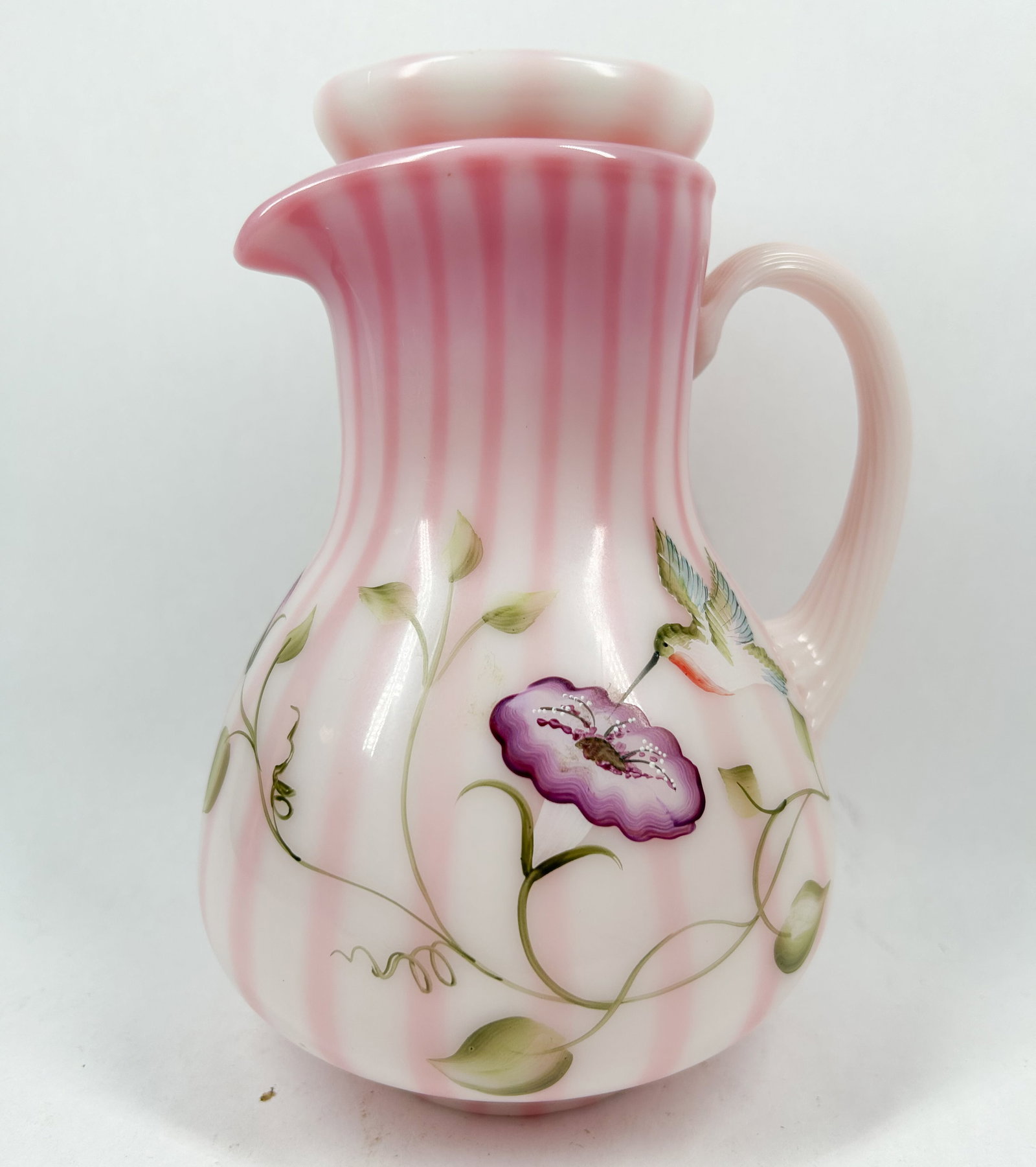 STRIPED PINK GLASS HUMMINGBIRD PITCHER (1 of 2)