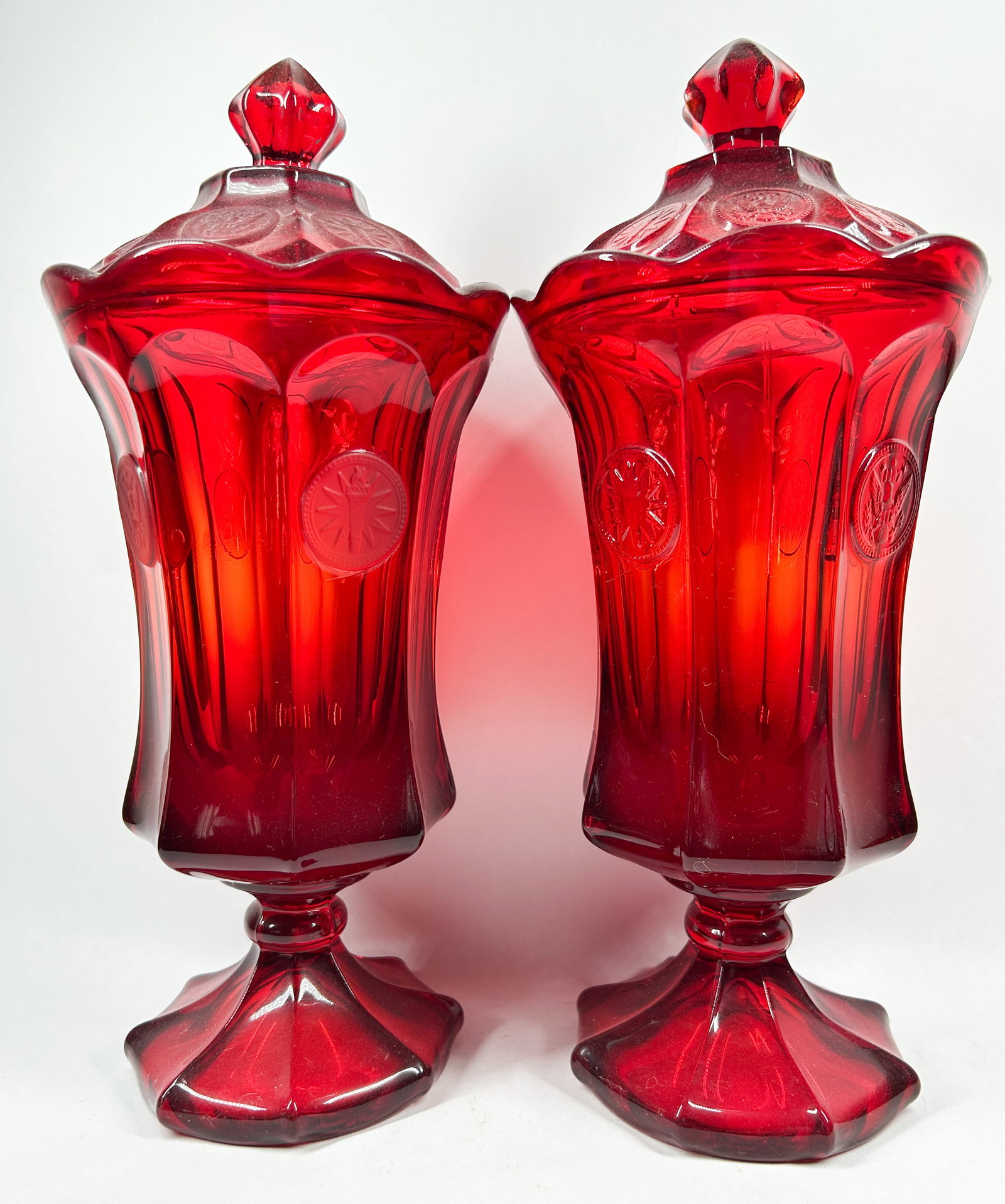 FOSTORIA RUBY COIN GLASS URNS, 1960S (1 of 3)
