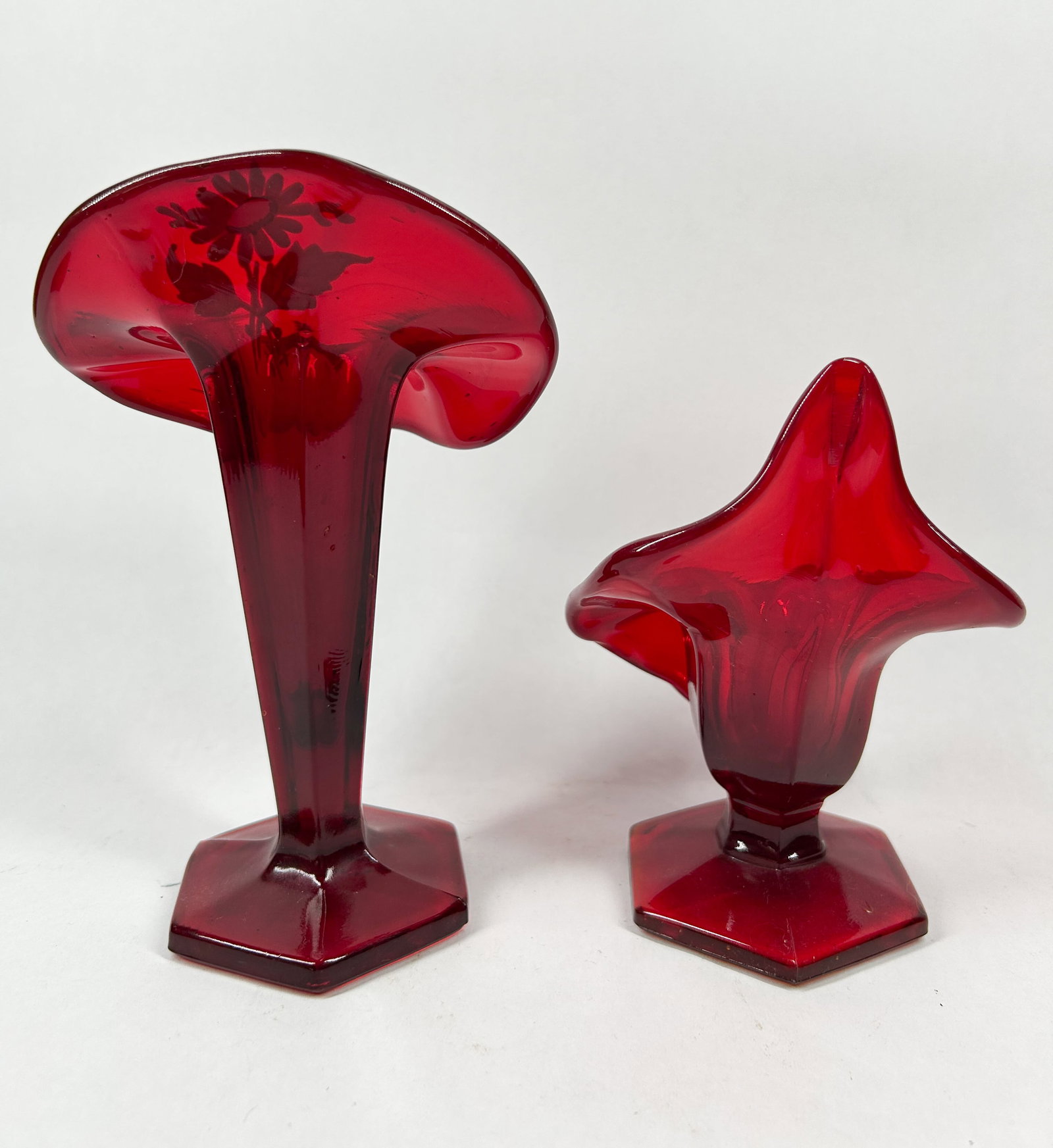 VINTAGE RUBY GLASS VASE PAIR - 3