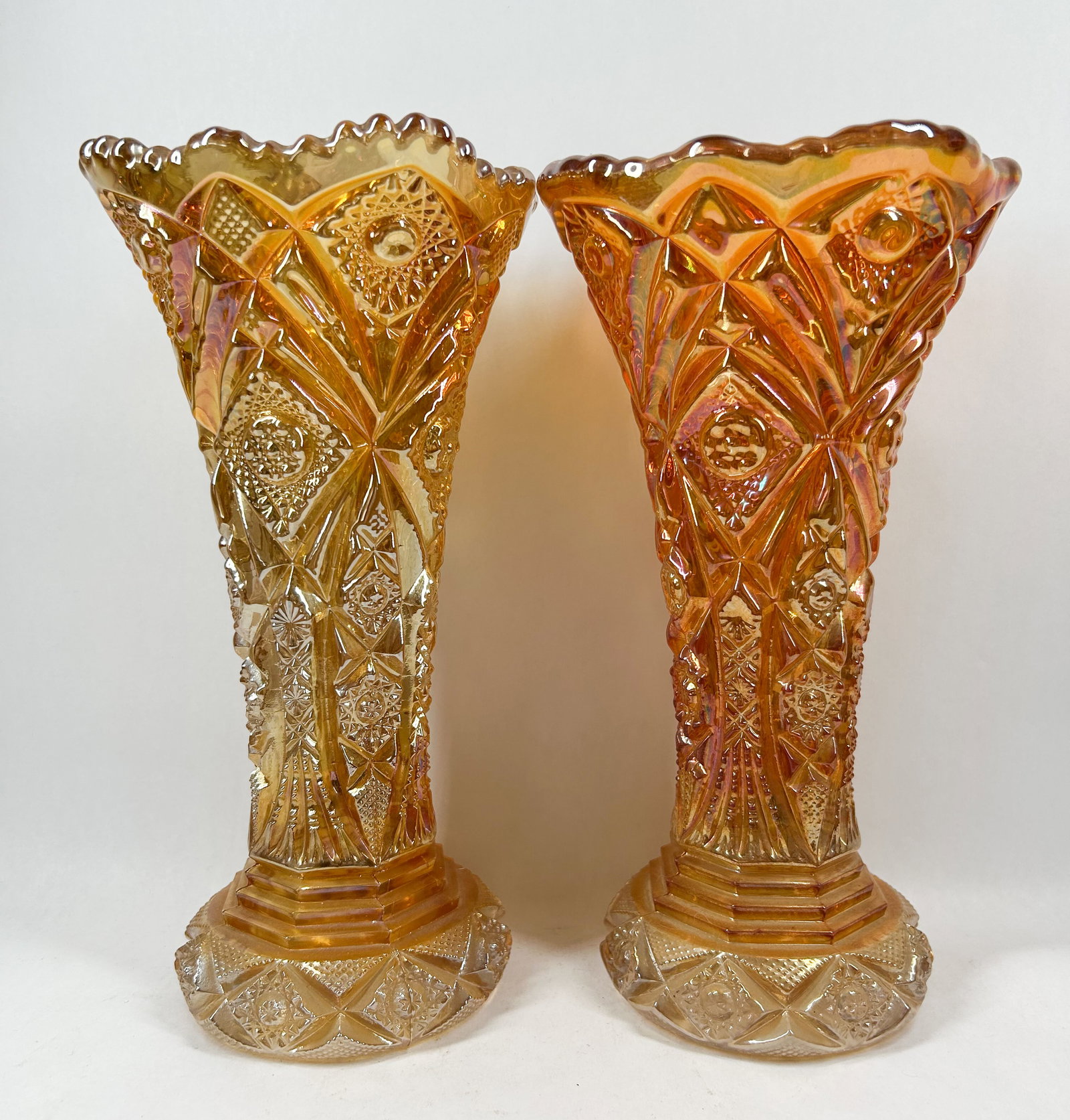 PAIR OF MARIGOLD CARNIVAL GLASS VASES (1 of 3)