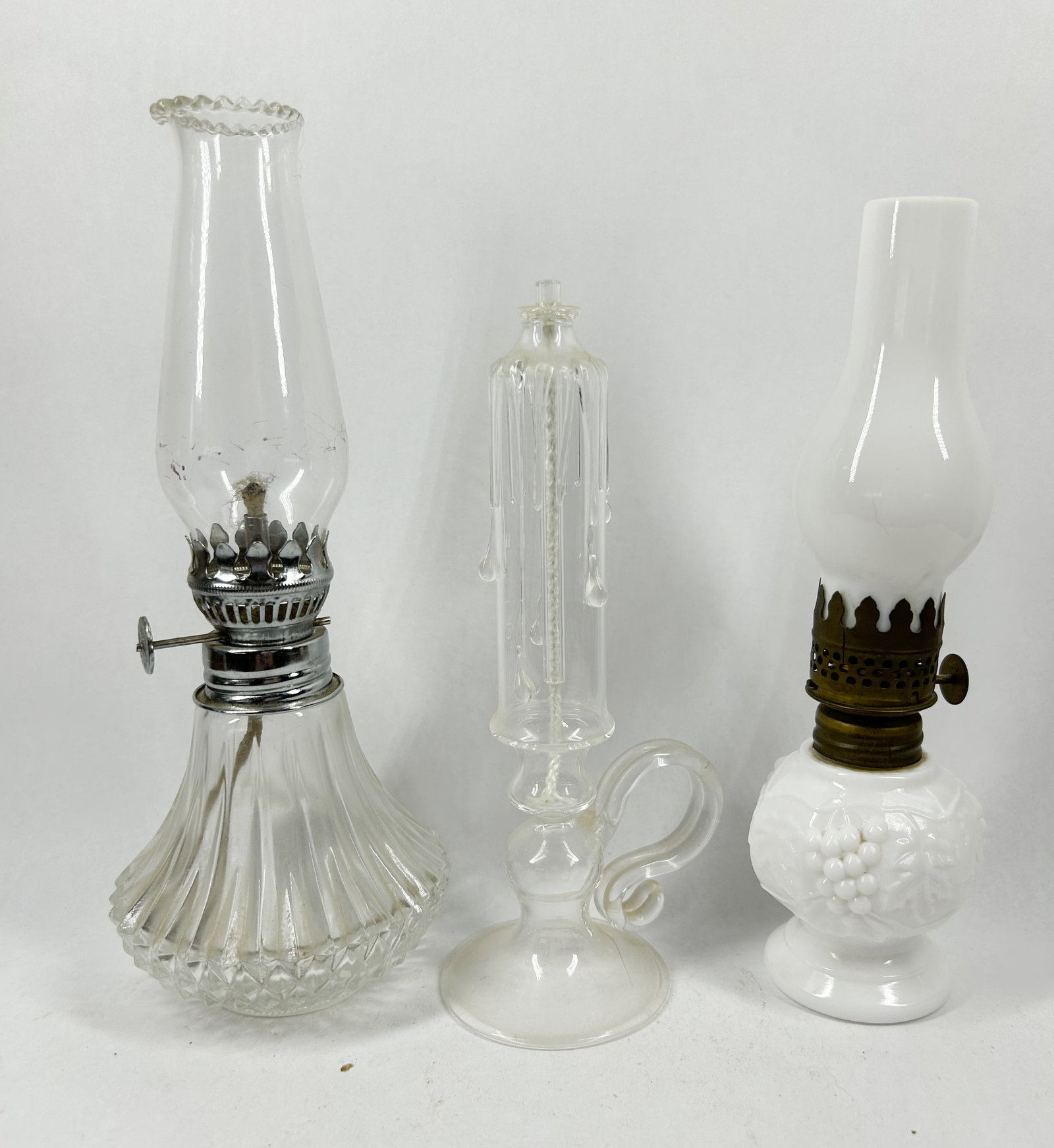 THREE MINIATURE GLASS OIL LAMPS, VINTAGE (1 of 2)