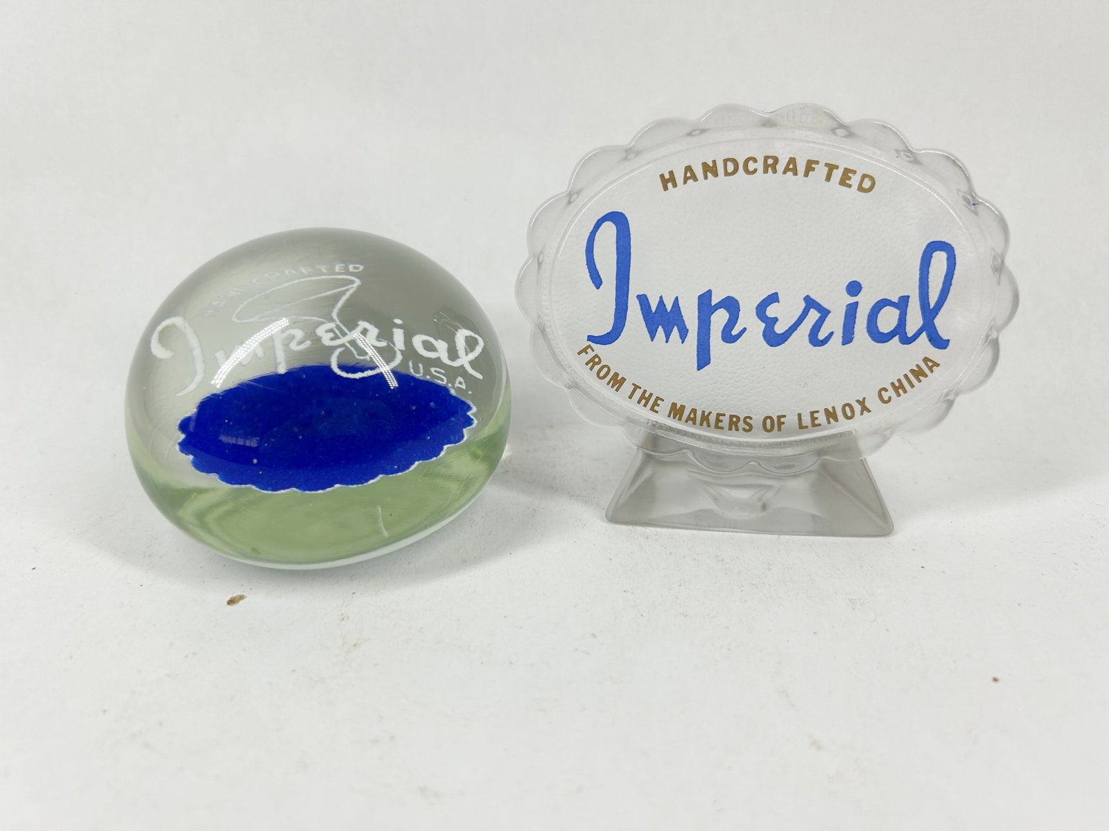 IMPERIAL GLASS SIGN AND PAPERWEIGHT, CIRCA 1975 (1 of 2)