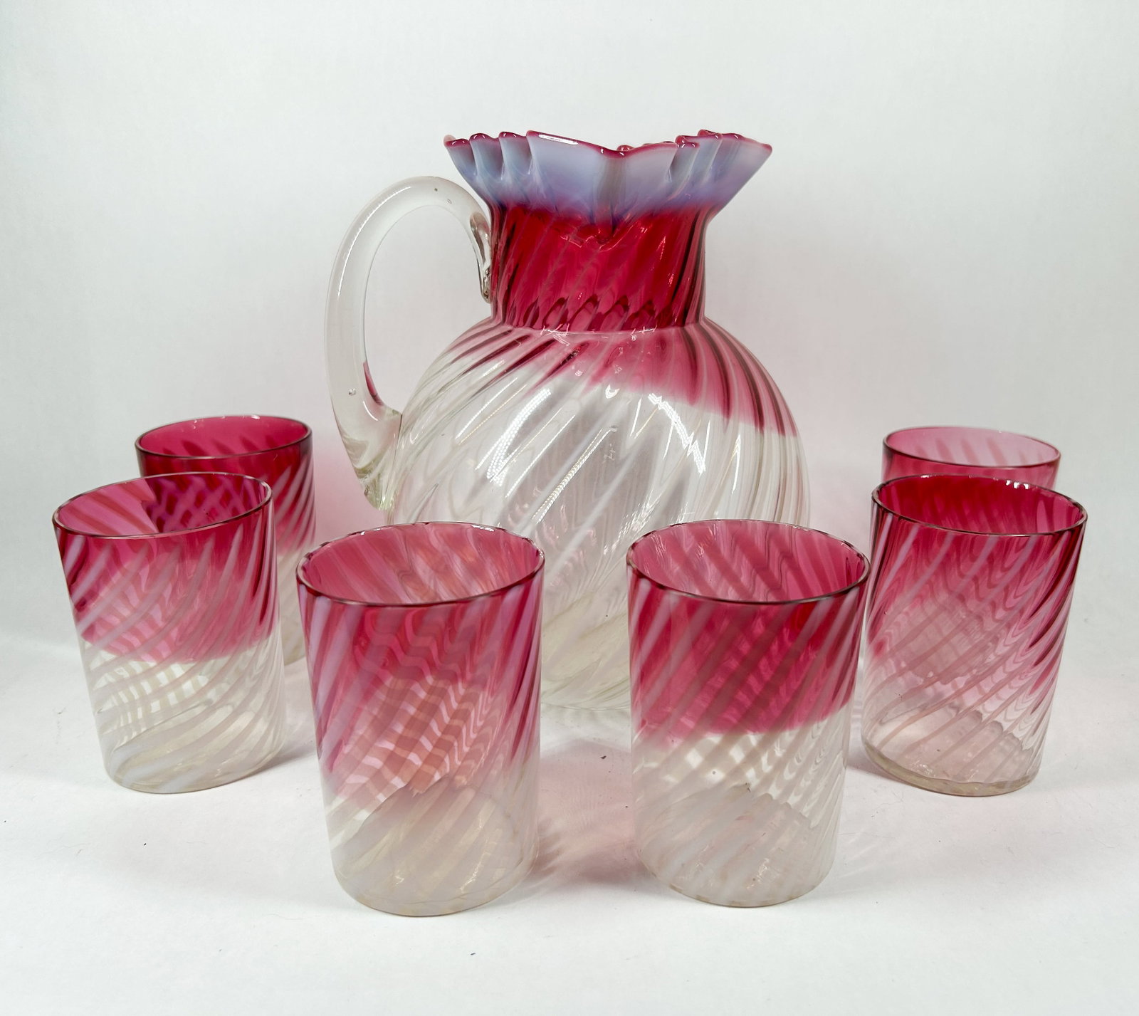 VICTORIAN CRANBERRY OPALESCENT SWIRL WATER SET (1 of 4)