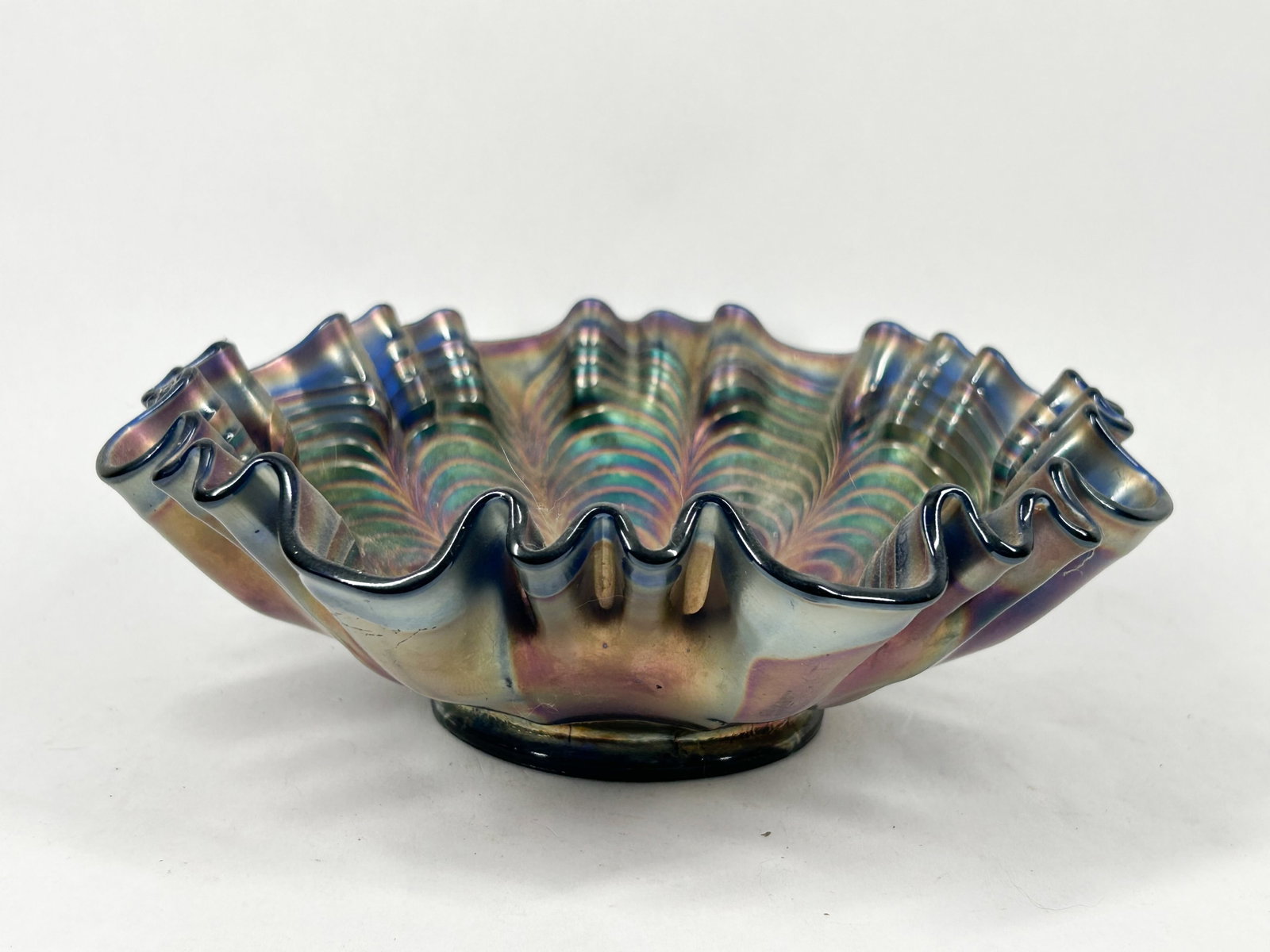 COBALT PEACOCK TAIL CARNIVAL GLASS BOWL (1 of 4)