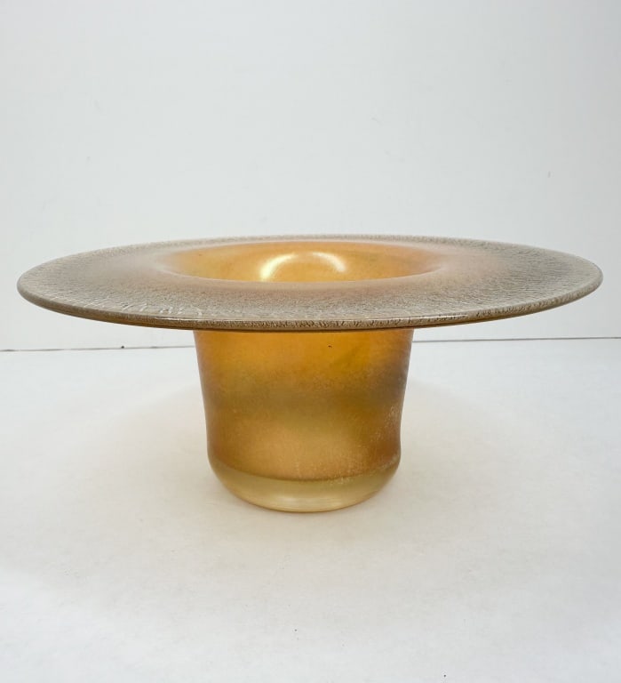 IMPERIAL IRIDESCENT GLASS BOWL: An Imperial Glass Corporation Free Hand glass bowl featuring a wide flared rim with a textured crackle finish and golden iridescence. The base features an impressed mark consisting of the letters IMPE