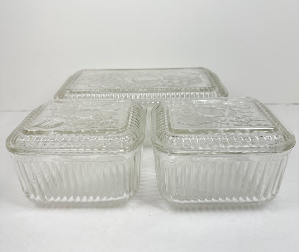 PRESSED GLASS REFRIGERATOR TRIO, MID-CENTURY (1 of 2)