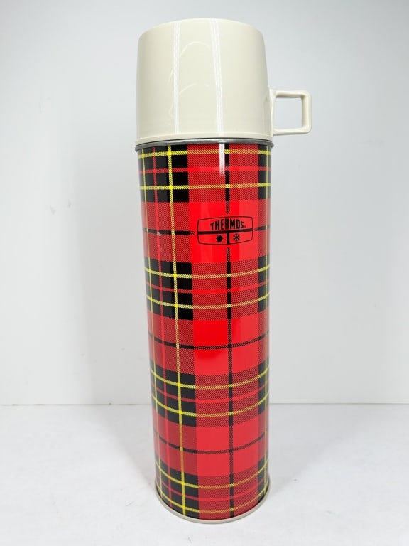 THERMOS RED TARTAN METAL FLASK, CIRCA 1964 (1 of 2)