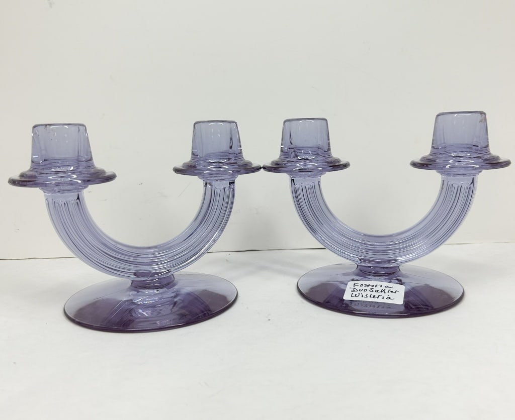 FOSTORIA WISTERIA DUO CANDLESTICKS, CIRCA 1930 (1 of 2)