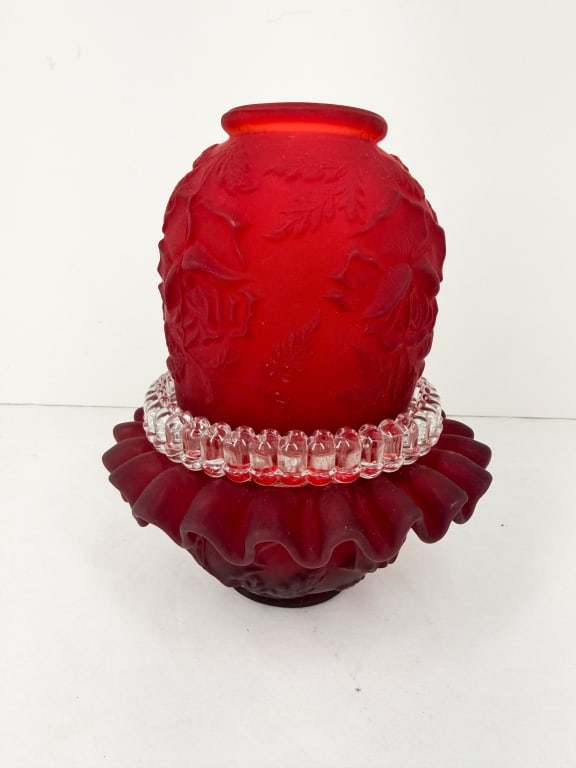 FOUR PIECE CASED RUBY SATIN GLASS FAIRY LAMP: A cased ruby red satin glass fairy lamp set featuring relief-molded floral motifs on both the domed shade and matching ruffled pedestal bowl. The set includes a tiered colorless pressed glass base