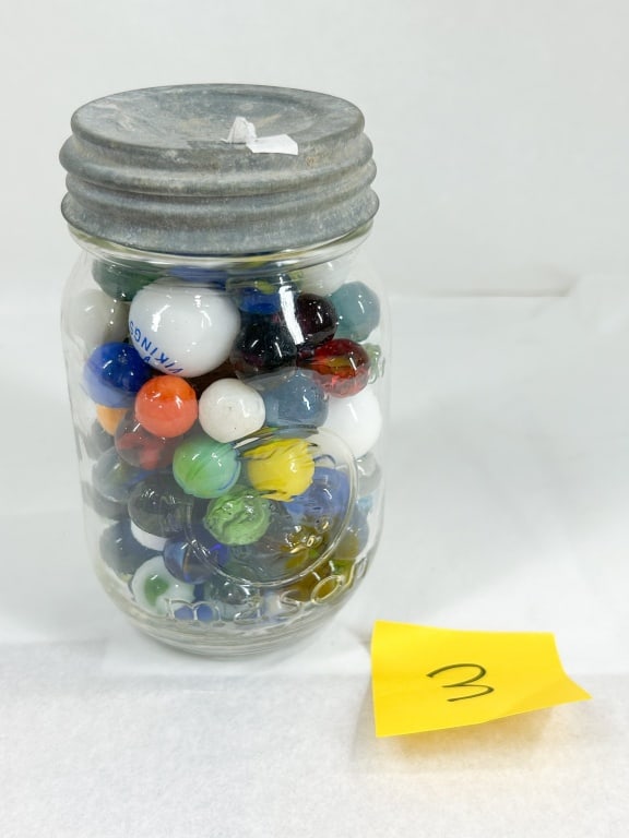 ASSORTED GLASS MARBLES IN MASON JAR (1 of 9)