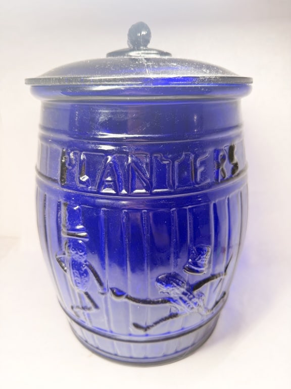 PLANTERS COBALT BLUE GLASS BARREL JAR (1 of 4)