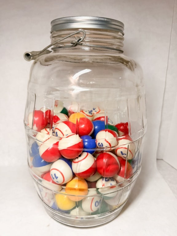 GLASS PICKLE JAR WITH BINGO BALLS (1 of 4)