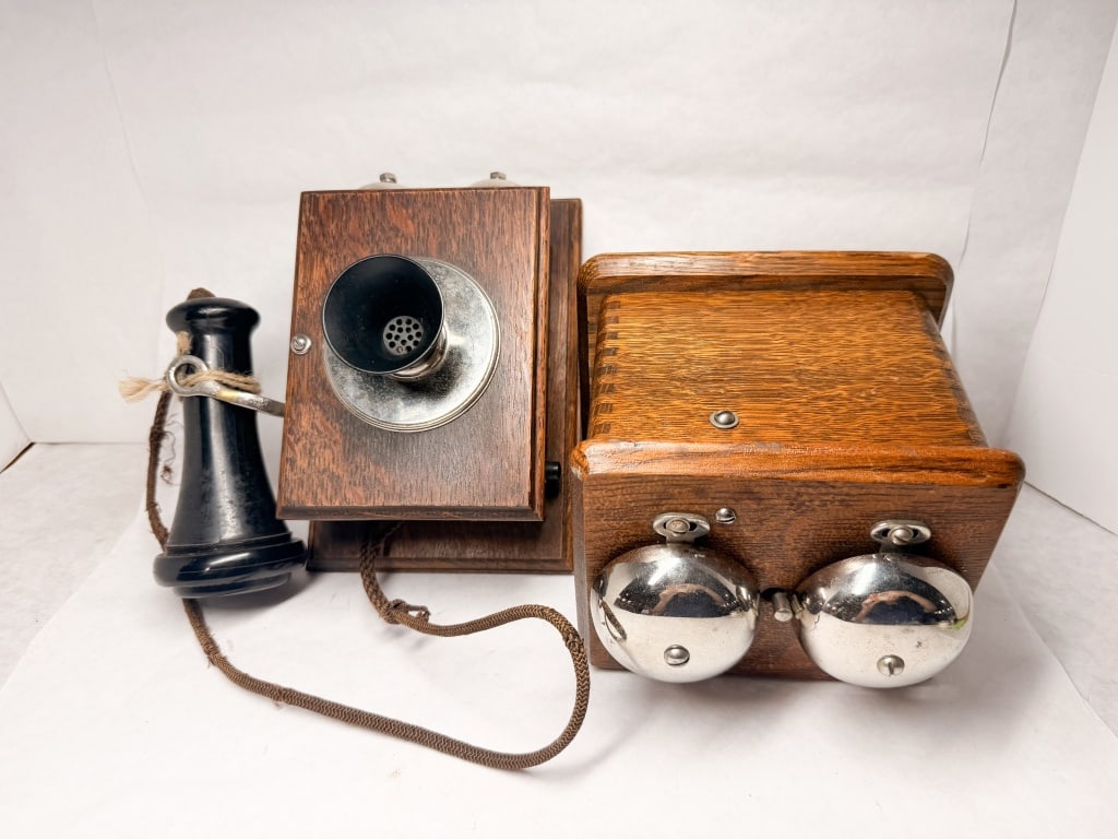 OAK WALL TELEPHONE COMPONENTS, CIRCA 1900 (1 of 2)