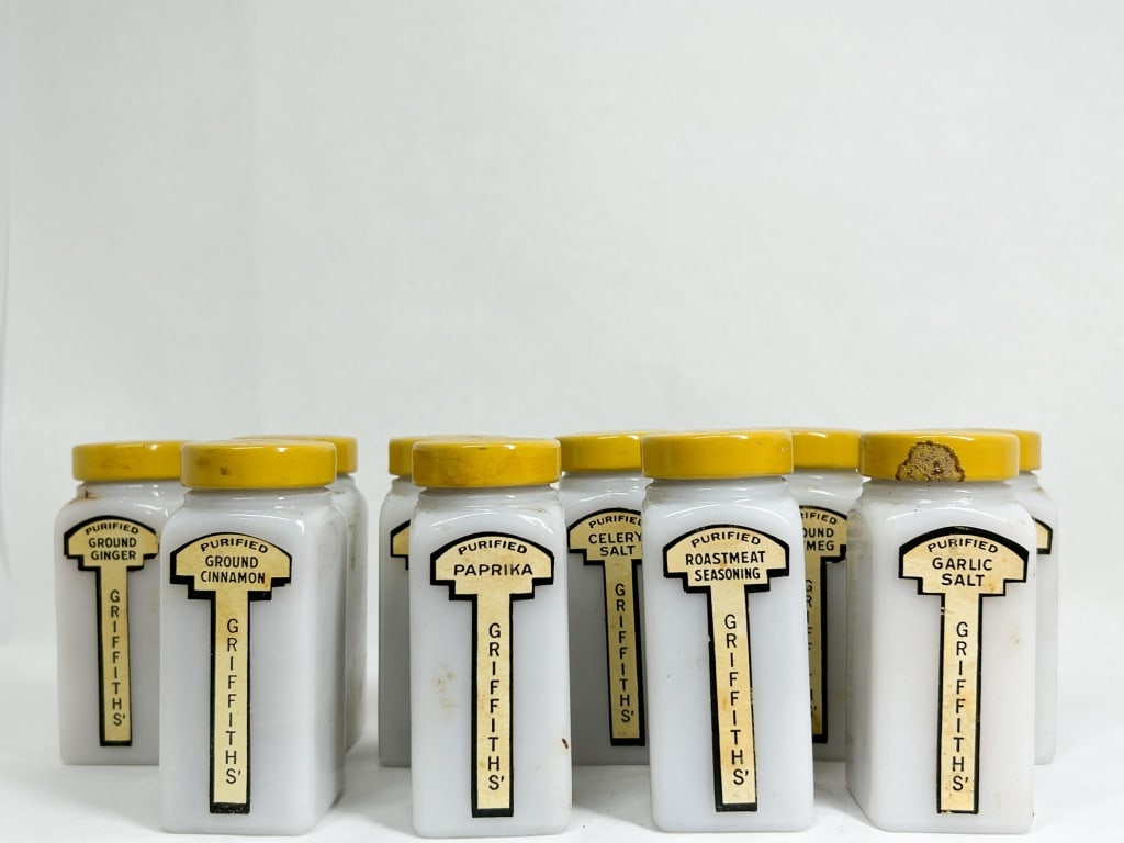 GRIFFITH'S MILK GLASS SPICE JAR COLLECTION (1 of 8)