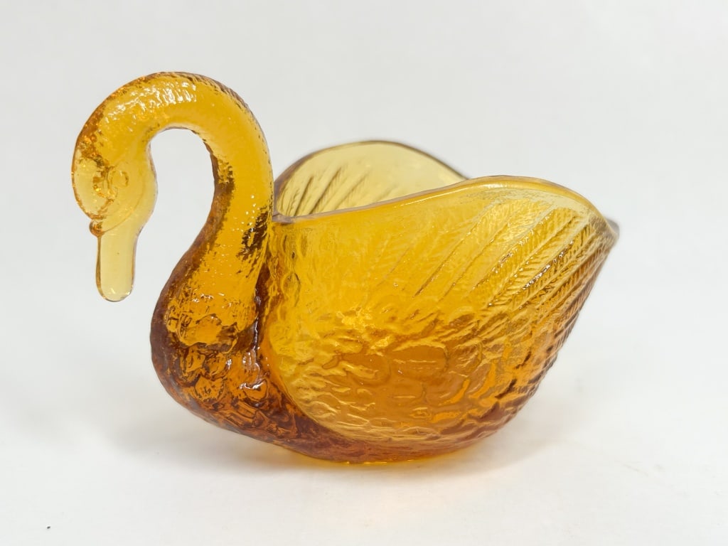 AMBER PRESSED GLASS SWAN DISH (1 of 5)