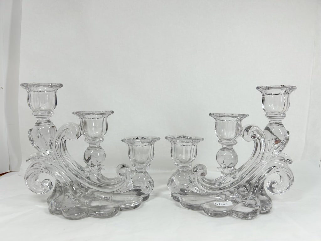 PAIR OF THREE-LIGHT MANGANESE GLASS CANDELABRA (1 of 6)