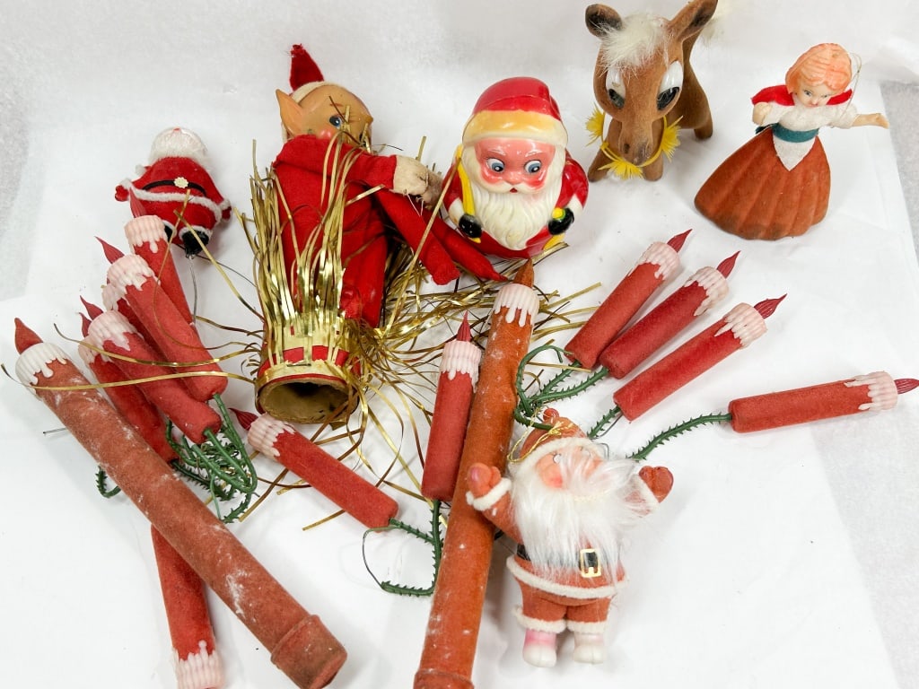 COLLECTION OF FLOCKED CHRISTMAS ORNAMENTS AND FIGURES (1 of 6)