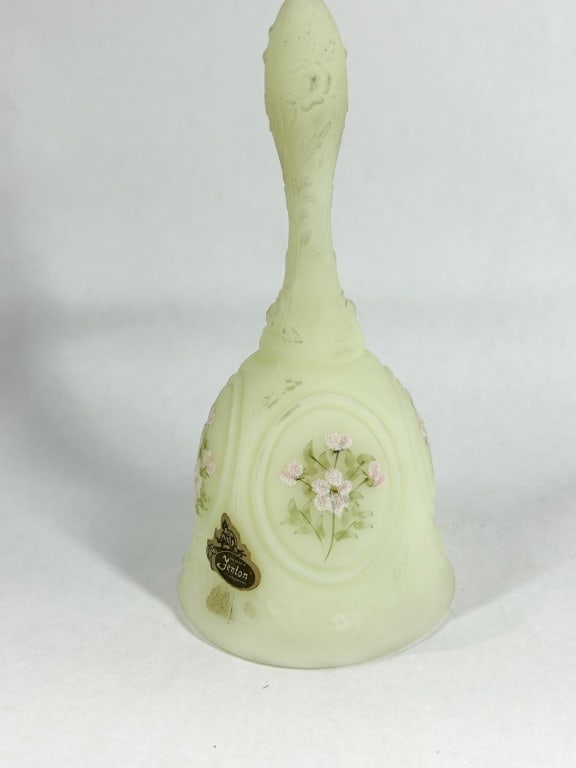FENTON CUSTARD GLASS HAND PAINTED BELL: Hand painted custard glass bell produced by Fenton Art Glass Company. A gold and black foil sticker reads AUTHENTIC Fenton HANDMADE. The interior rim is signed in red script Hand painted by V. Gherke.