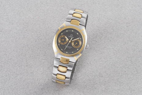 OMEGA SEAMASTER TITANE CALENDAR STEEL & GOLD WRISTWATCH: OMEGA SEAMASTER TITANE CALENDAR STEEL & GOLD WRISTWATCH, this watch is fitted with a circular black dial with hour markers and hands. The 31mm steel and gold case is fitted with a crown and a