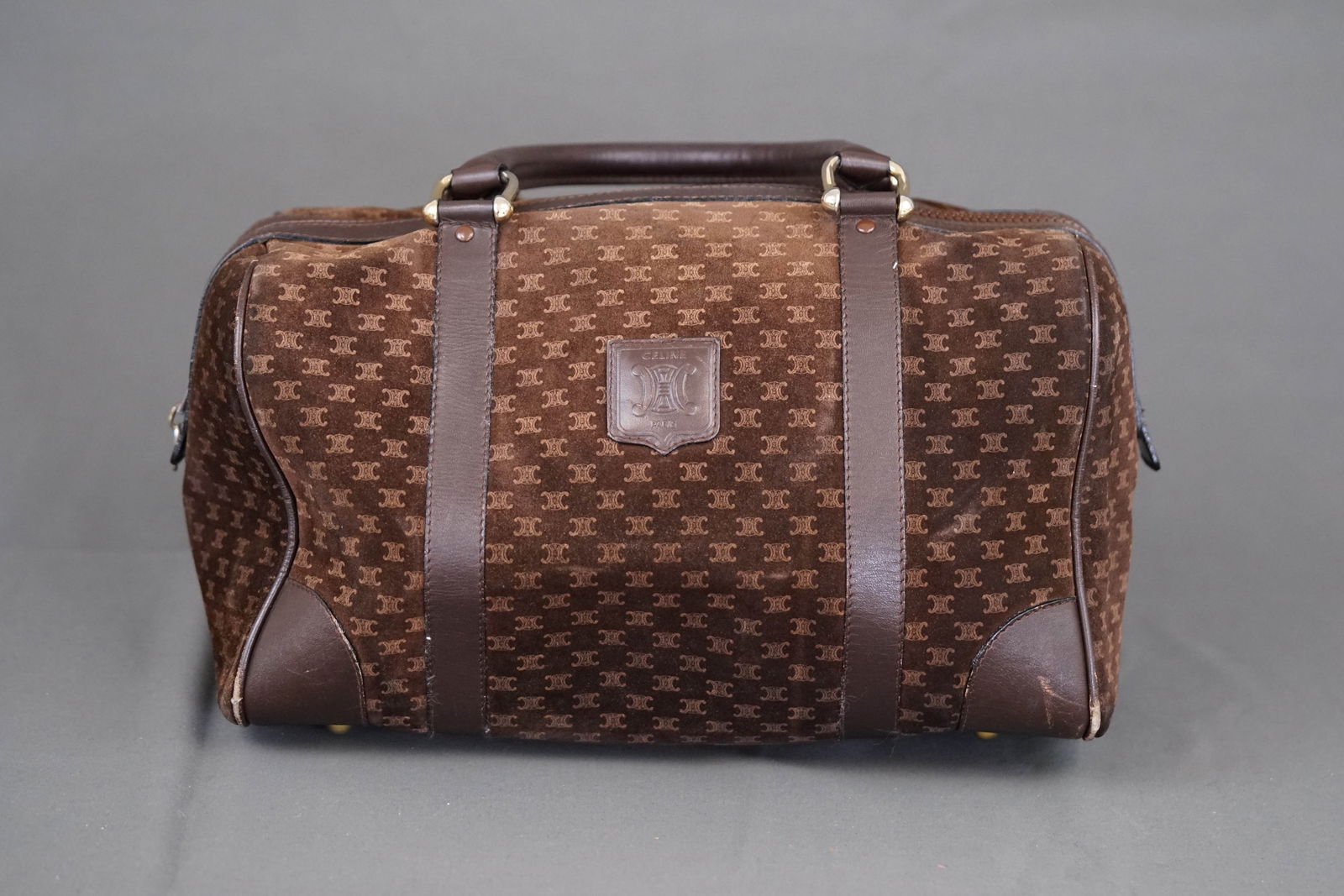 CELINE MACADAM SUEDE BOSTON BAG HOLDALL BROWN: CELINE MACADAM SUEDE BOSTON BAG HOLDALL BROWN, width 30.5cm, height 19cm, depth 19cm, condition rank BC. PLEASE NOTE: *This lot is elected for VAT (20%) on the hammer which will not apply for