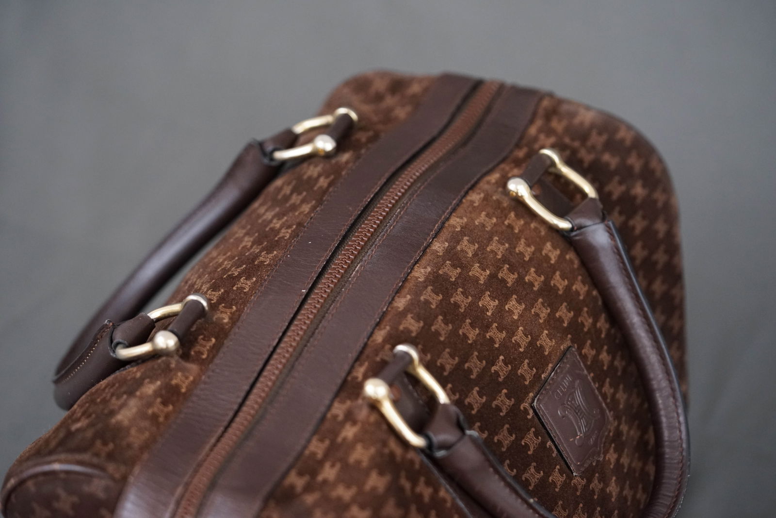 CELINE MACADAM SUEDE BOSTON BAG HOLDALL BROWN - 7