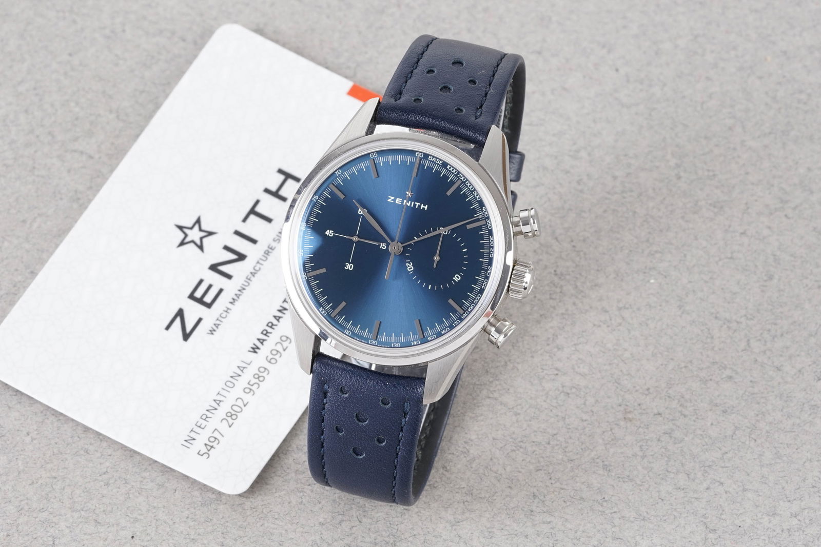 ZENITH EL PRIMERO CHRONOMASTER HERITAGE W/ GUARANTEE CARD REF. 03.2150.4069/51.C805 CIRCA 2017: ZENITH EL PRIMERO CHRONOMASTER HERITAGE W/ GUARANTEE CARD REF. 03.2150.4069/51.C805 CIRCA 2017, this watch is a ref. 03.2150.4069/51.C805 and is fitted with a circular blue sunburst twin register
