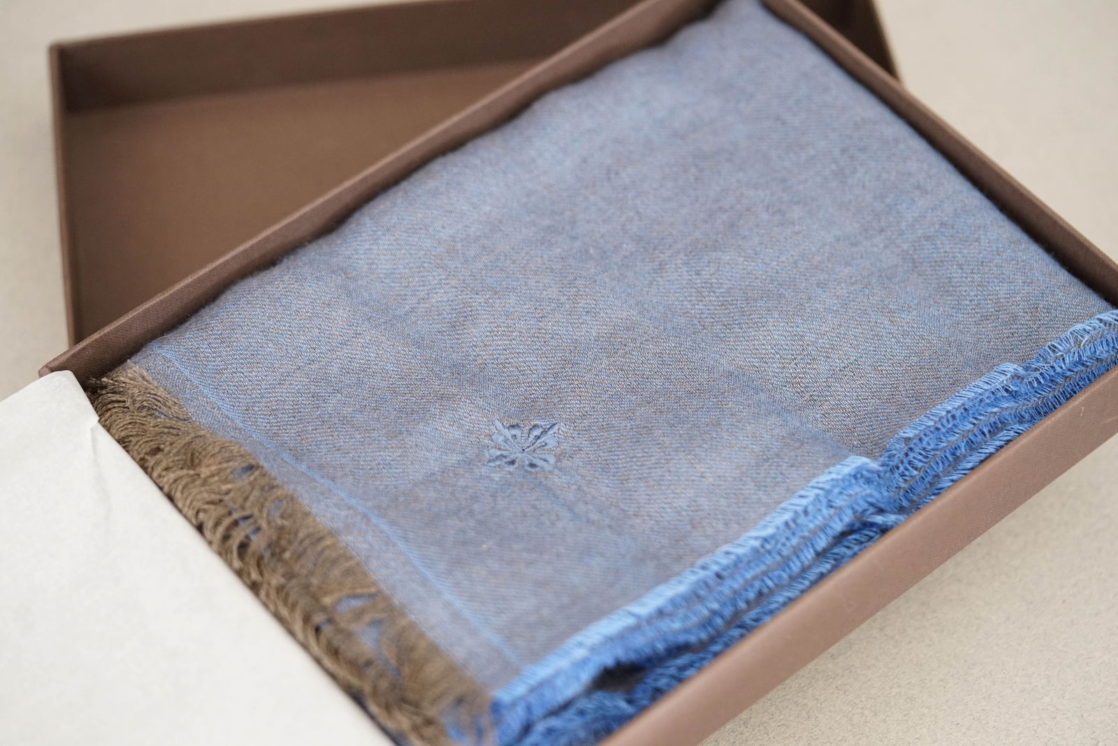 PATEK PHILIPPE CASHMERE & SILK SCARF W/ BOX: PATEK PHILIPPE CASHMERE & SILK SCARF W/ BOX