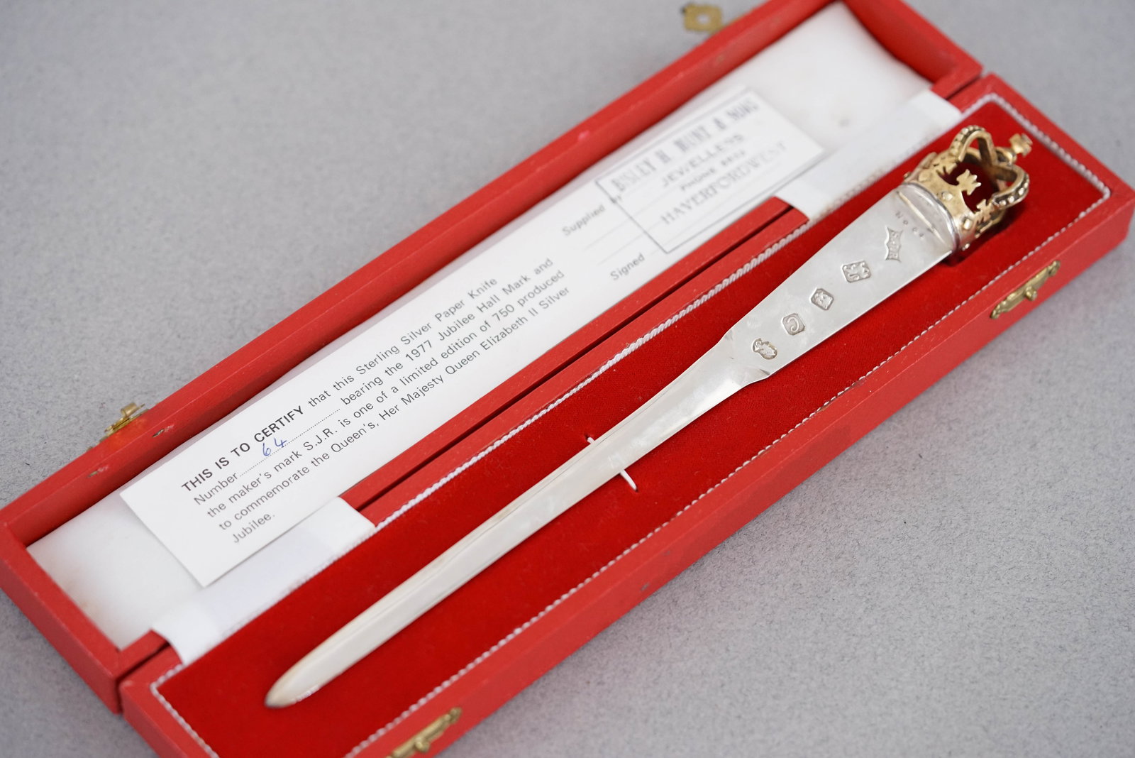 925 STERLING SILVER QUEENS SILVER JUBILEE LETTER OPENER W/ BOX & PAPERS - 6