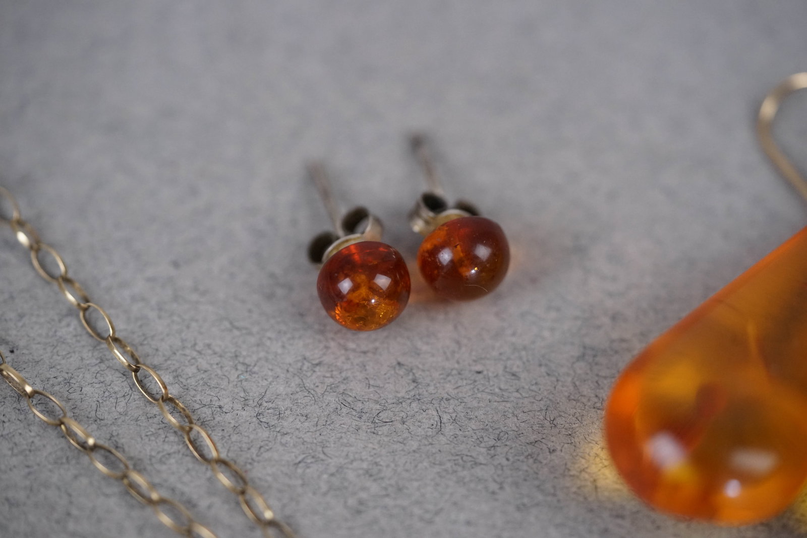 9CT GOLD AMBER NECKLACE EARRINGS STUD SET - 3