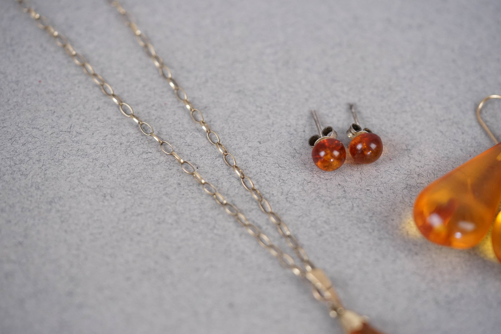 9CT GOLD AMBER NECKLACE EARRINGS STUD SET - 4