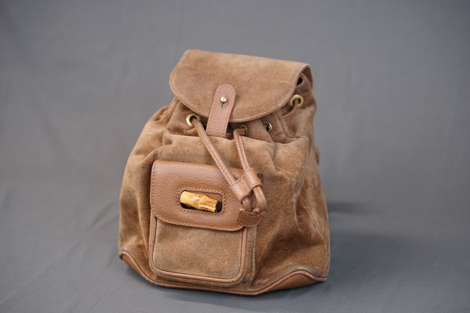 GUCCI BROWN SUEDE LEATHER BAMBOO BACKPACK - 3