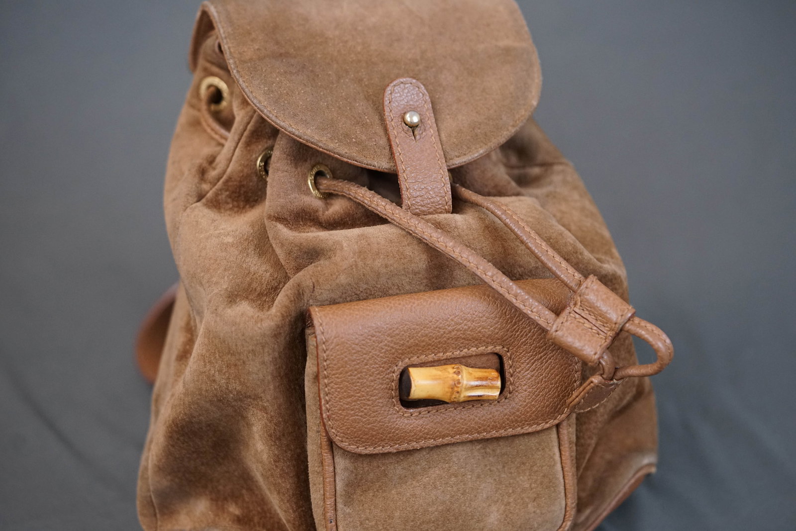 GUCCI BROWN SUEDE LEATHER BAMBOO BACKPACK - 6
