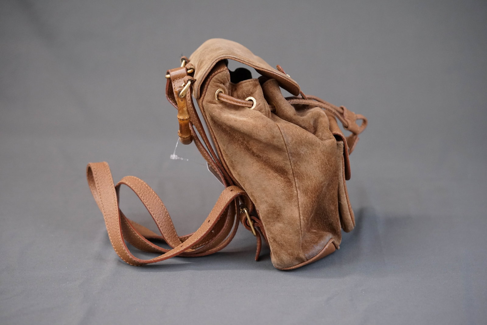 GUCCI BROWN SUEDE LEATHER BAMBOO BACKPACK - 9