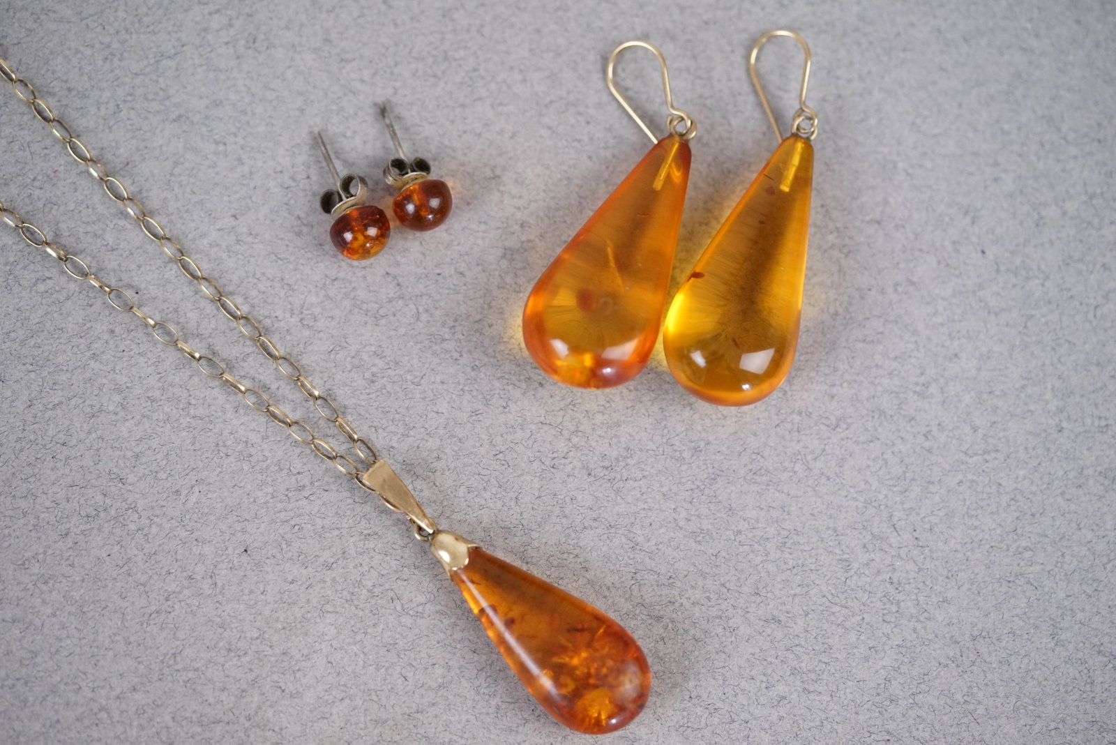 9CT GOLD AMBER NECKLACE EARRINGS STUD SET - 6