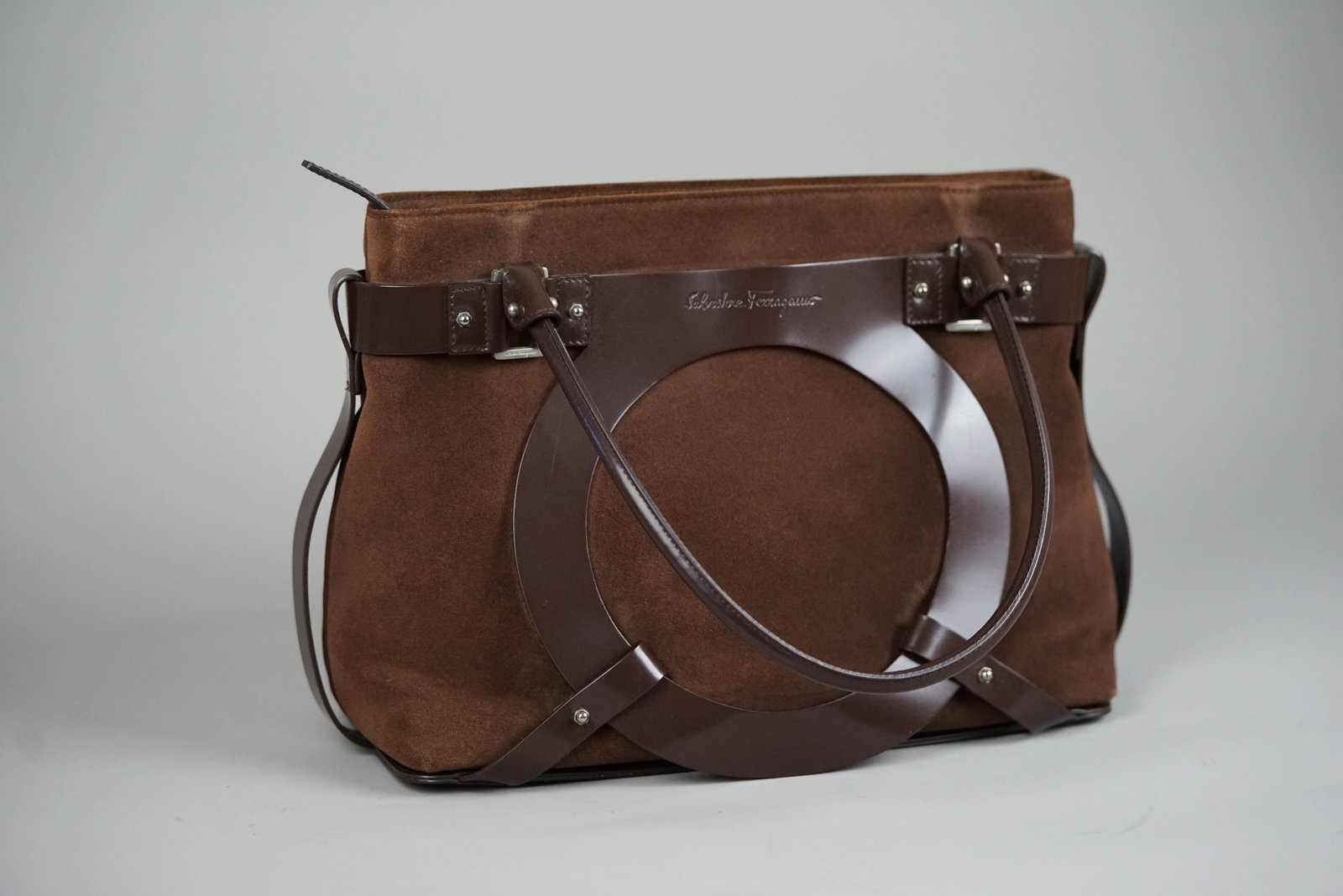 SALVATORE FERRAGAMO GANCINI TOTE BAG SUEDE BROWN - 2