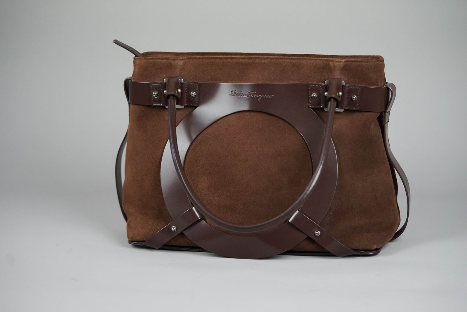 SALVATORE FERRAGAMO GANCINI TOTE BAG SUEDE BROWN - 3